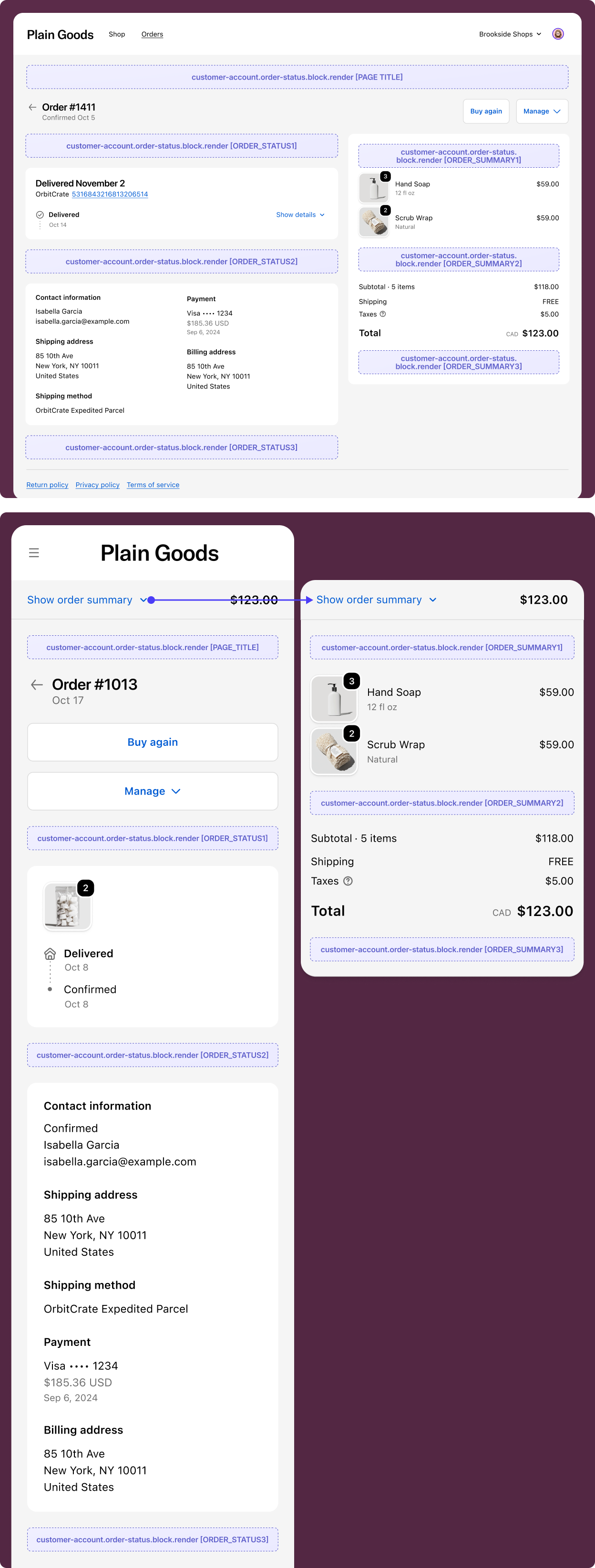 Order status page with an extension block rendered among the order detail sections.