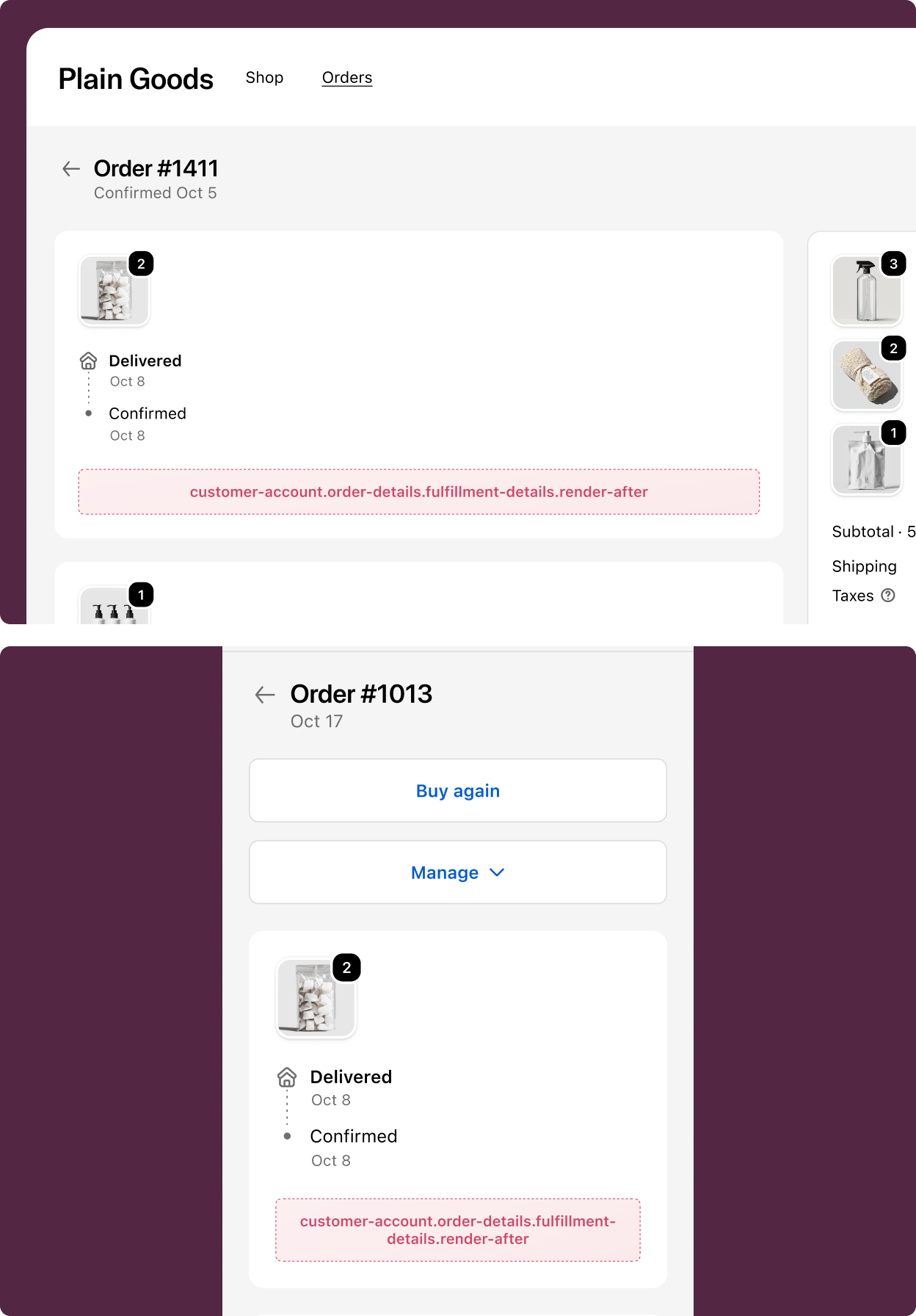 Order status page showing fulfilled shipment details with the extension target slot highlighted below the delivery information.