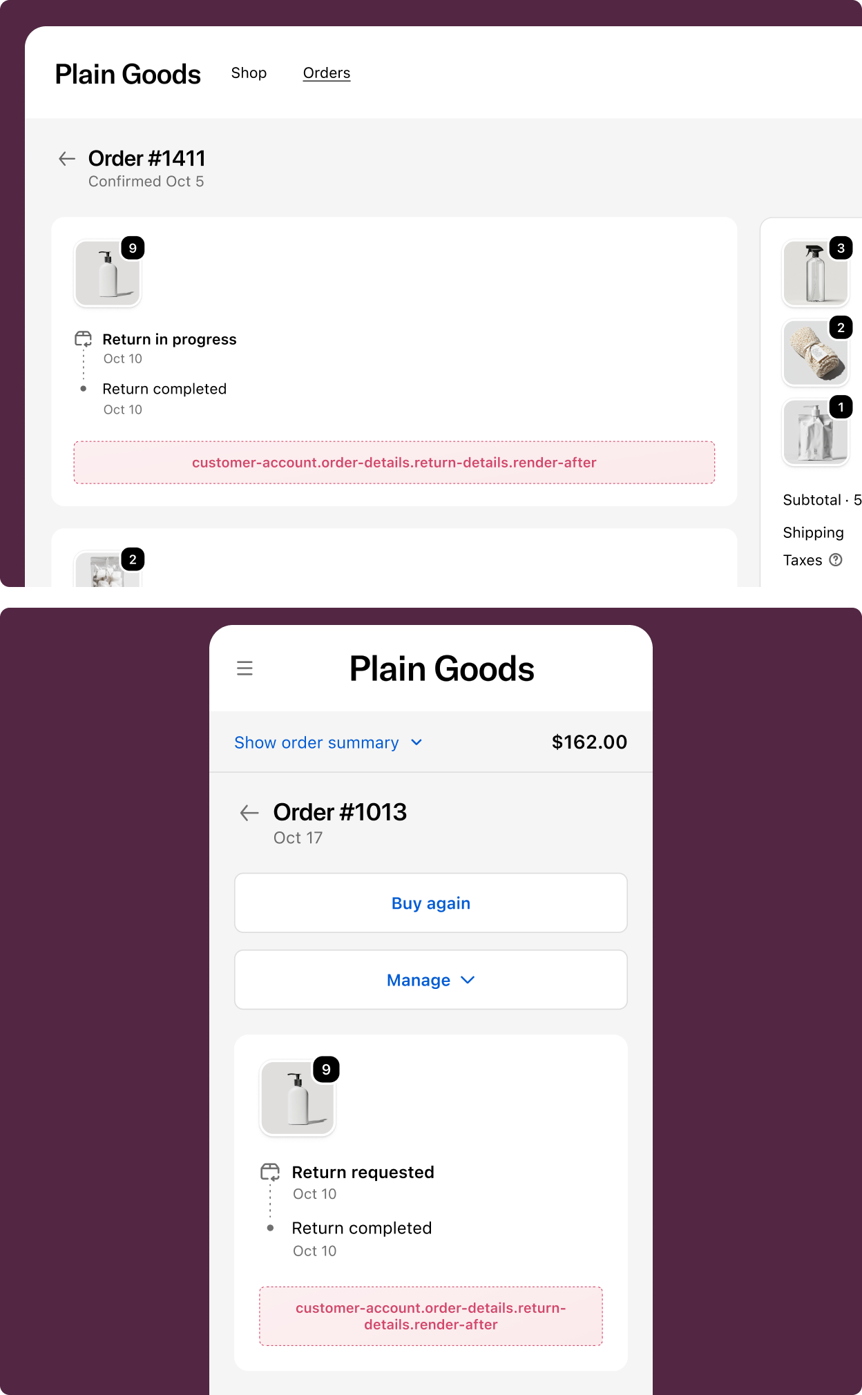Order status page showing return information with the extension target slot highlighted below the return status and refund details.