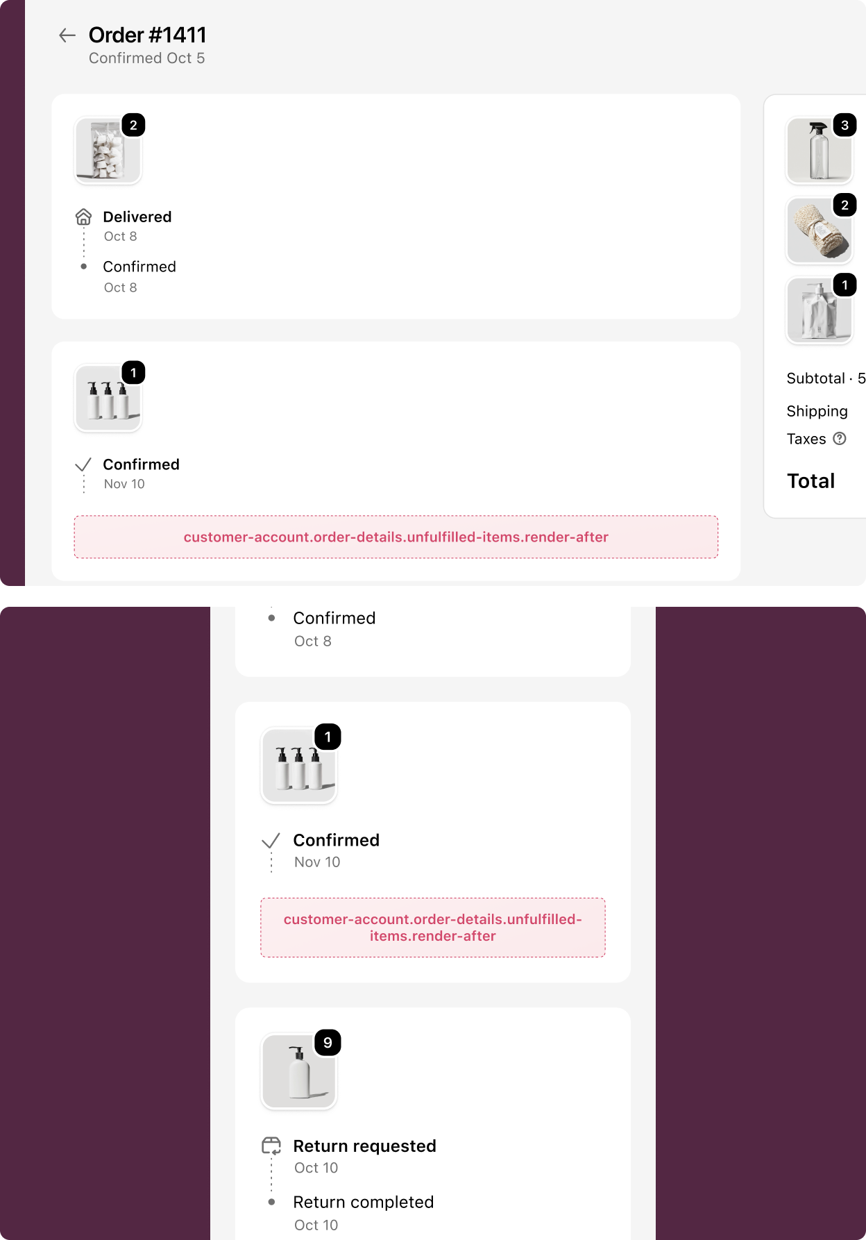 Order status page showing unfulfilled items section with the extension target slot highlighted below the pending items list.