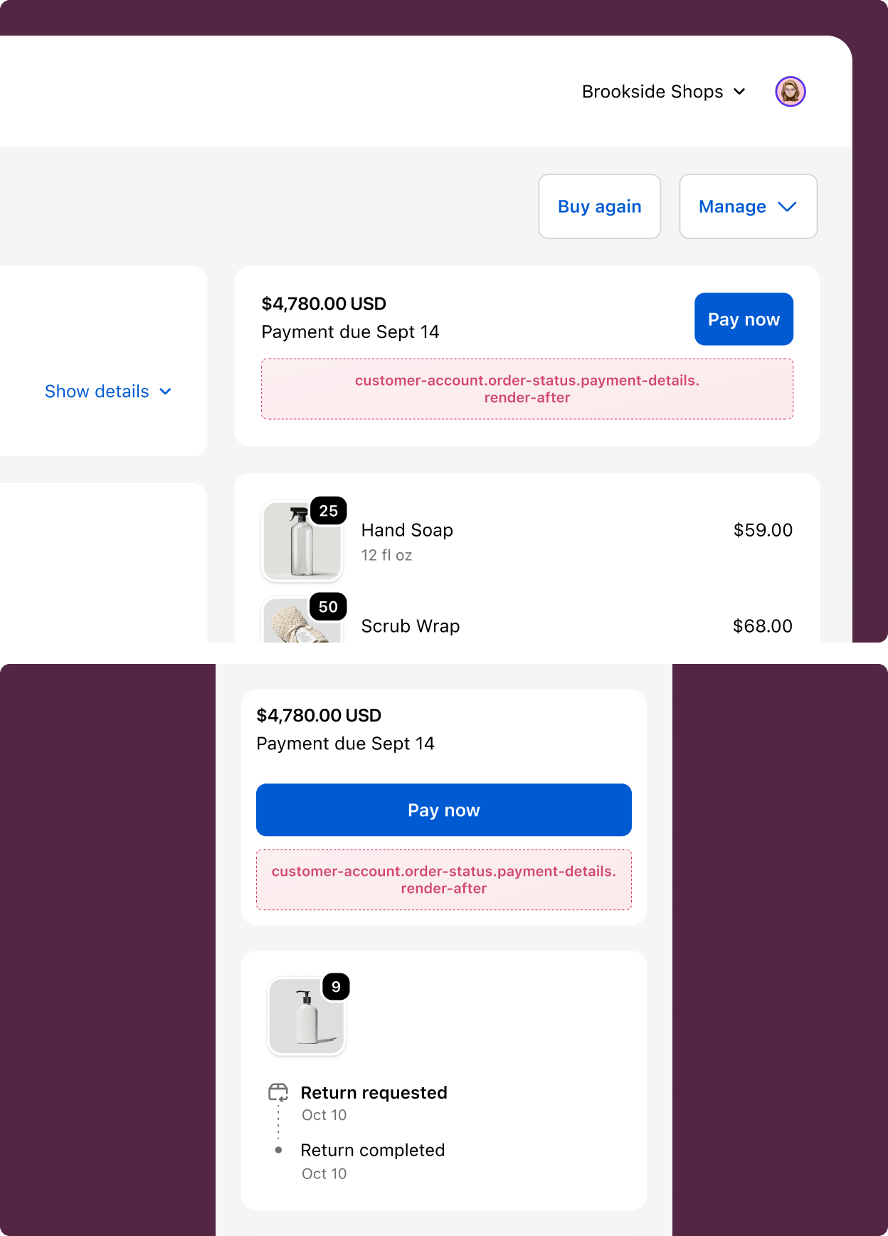 Order status page showing payment information with the extension target slot highlighted below the payment method and transaction details.