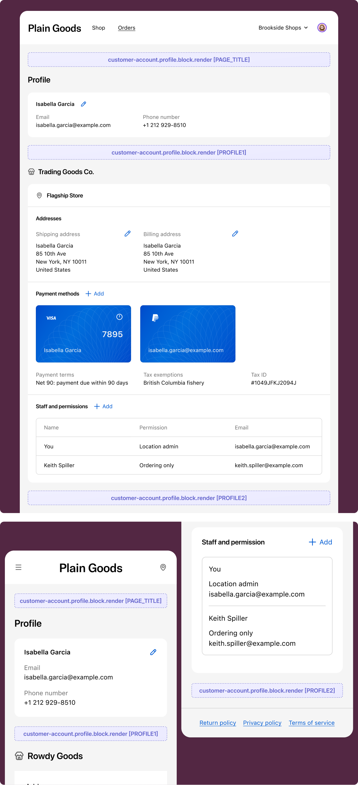 Profile page with an extension block rendered among the profile content sections.