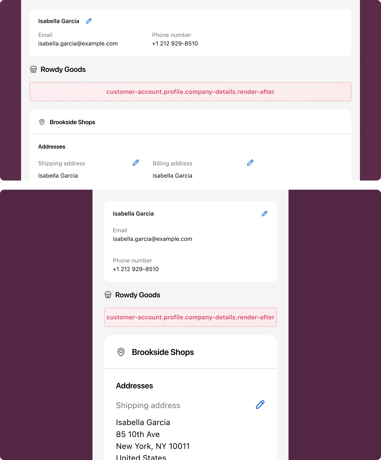 B2B profile page showing company information with the extension target slot highlighted below the company name and details.