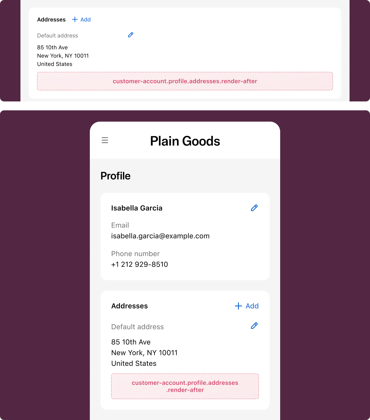 Profile page showing the addresses section with the extension target slot highlighted below the saved address list.