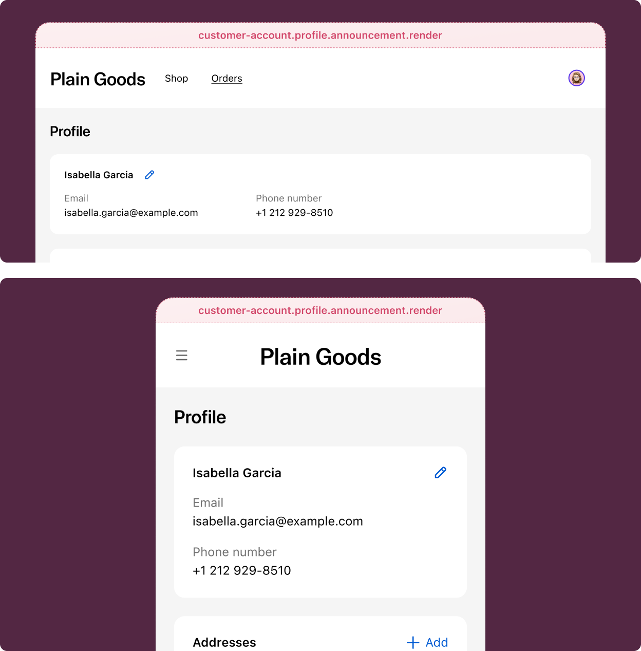 Profile page with a dismissable announcement banner rendered by an extension above the profile content.