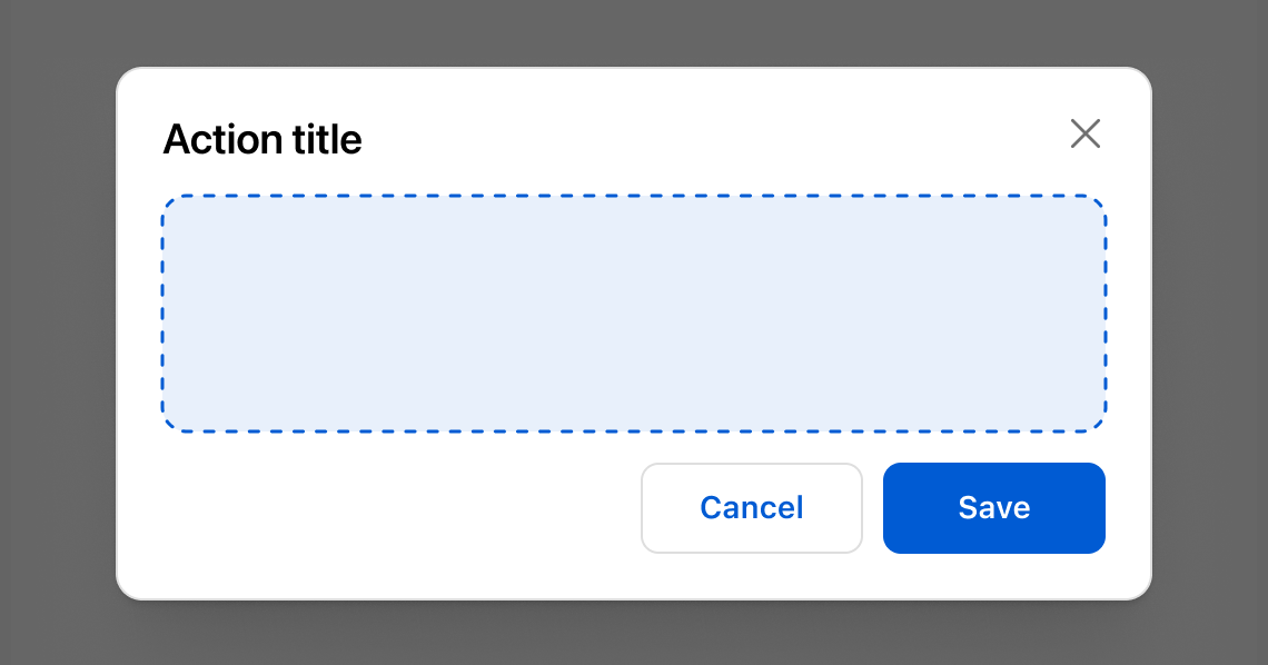 A modal overlay with an action title heading, content area, and Cancel and Save buttons.
