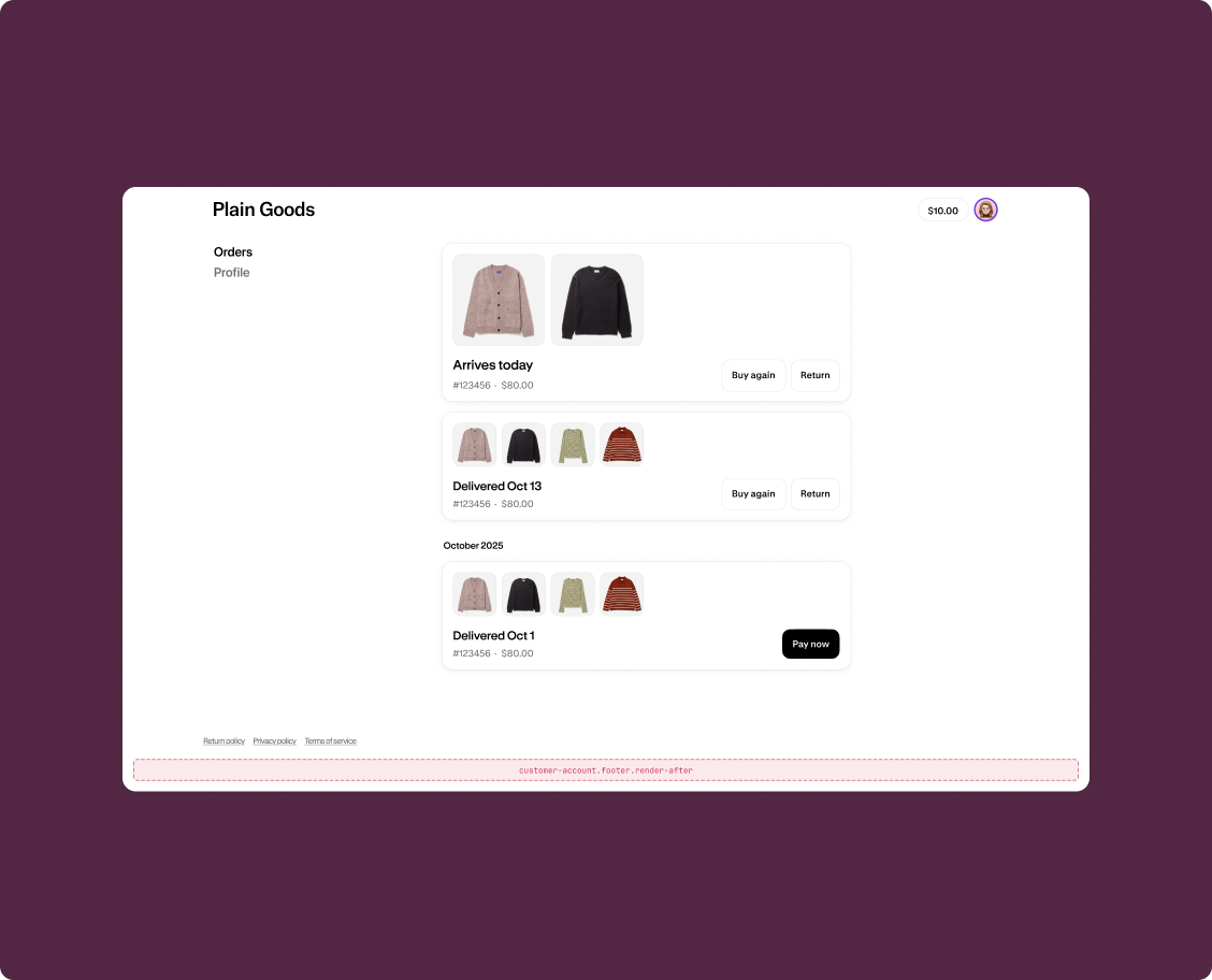 Customer account footer section showing all available extension target locations with highlighted slots below the page content.