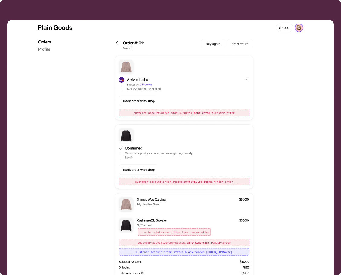 Order status page fulfillment section showing available extension target locations with highlighted slots near shipment and pending item details.