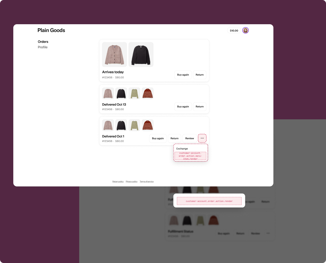 Order pages showing available extension target locations for action menu items, action modals, announcements, and blocks.