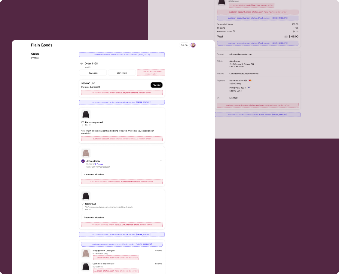 Order status page showing all available extension target locations with highlighted slots near line items, customer information, announcements, and blocks.