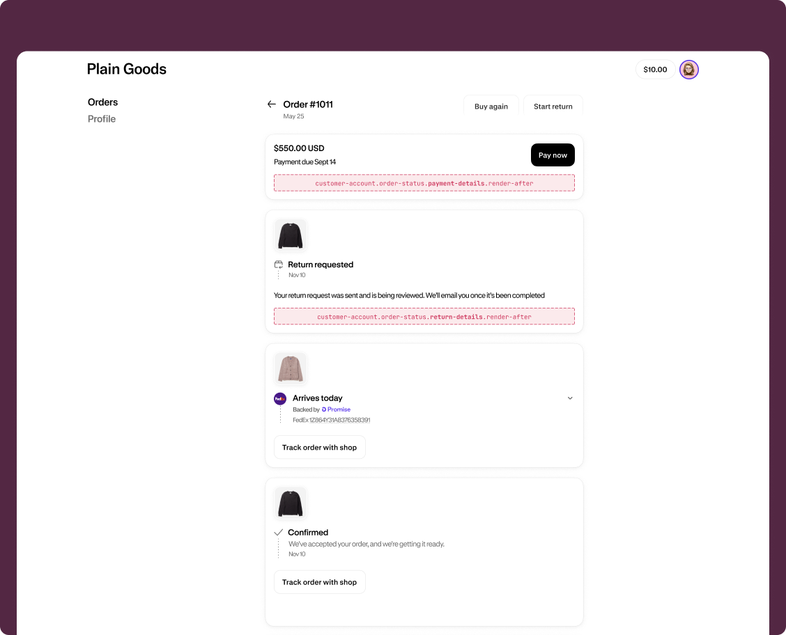 Order status page payments and returns section showing available extension target locations with highlighted slots near payment and return details.