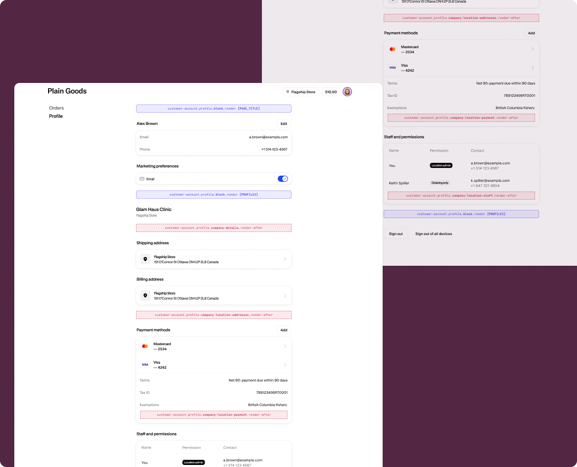 B2B profile page showing all available extension target locations with highlighted slots near company details, location addresses, payment, and staff sections.