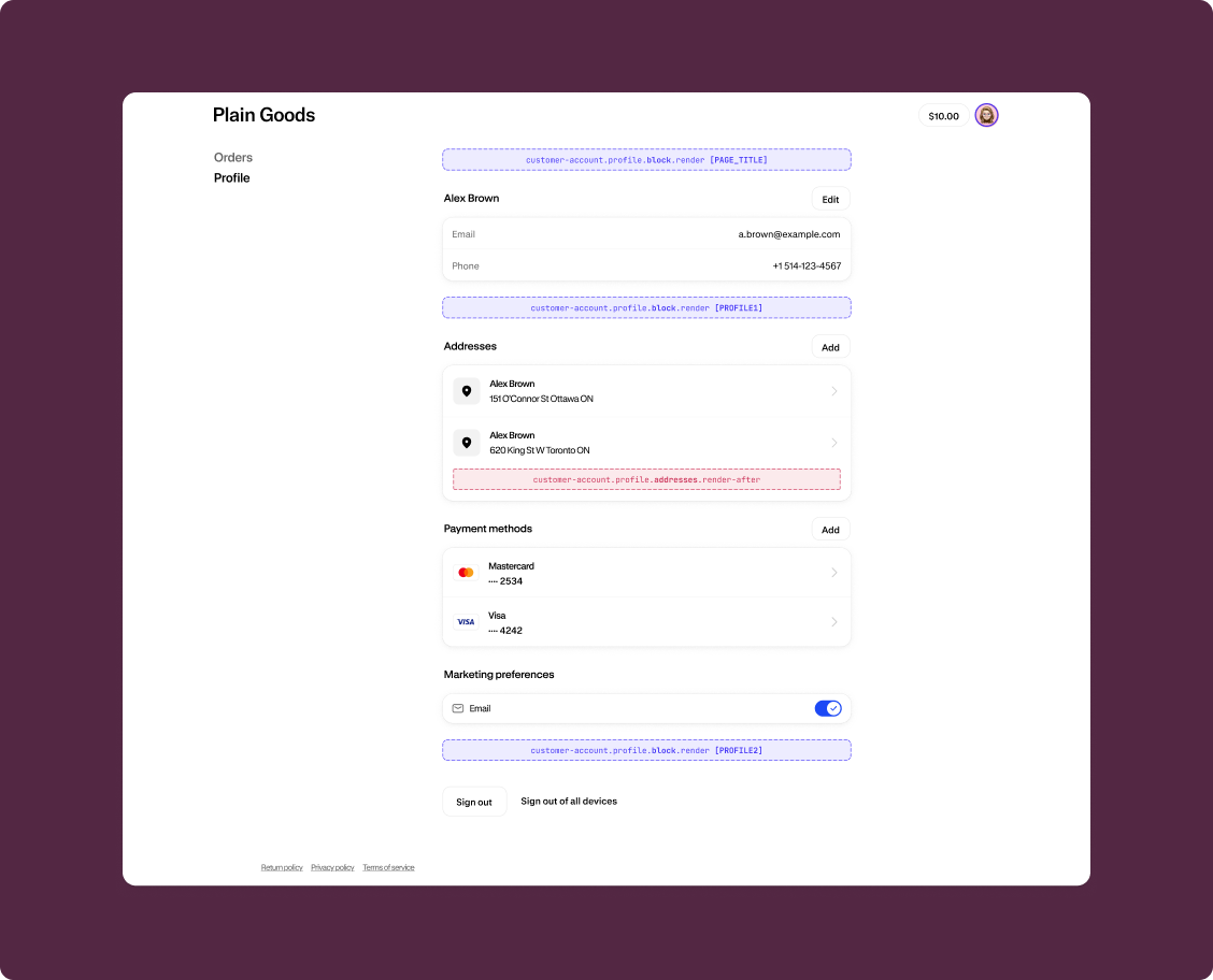 Default profile page showing all available extension target locations with highlighted slots near addresses, announcements, and block sections.