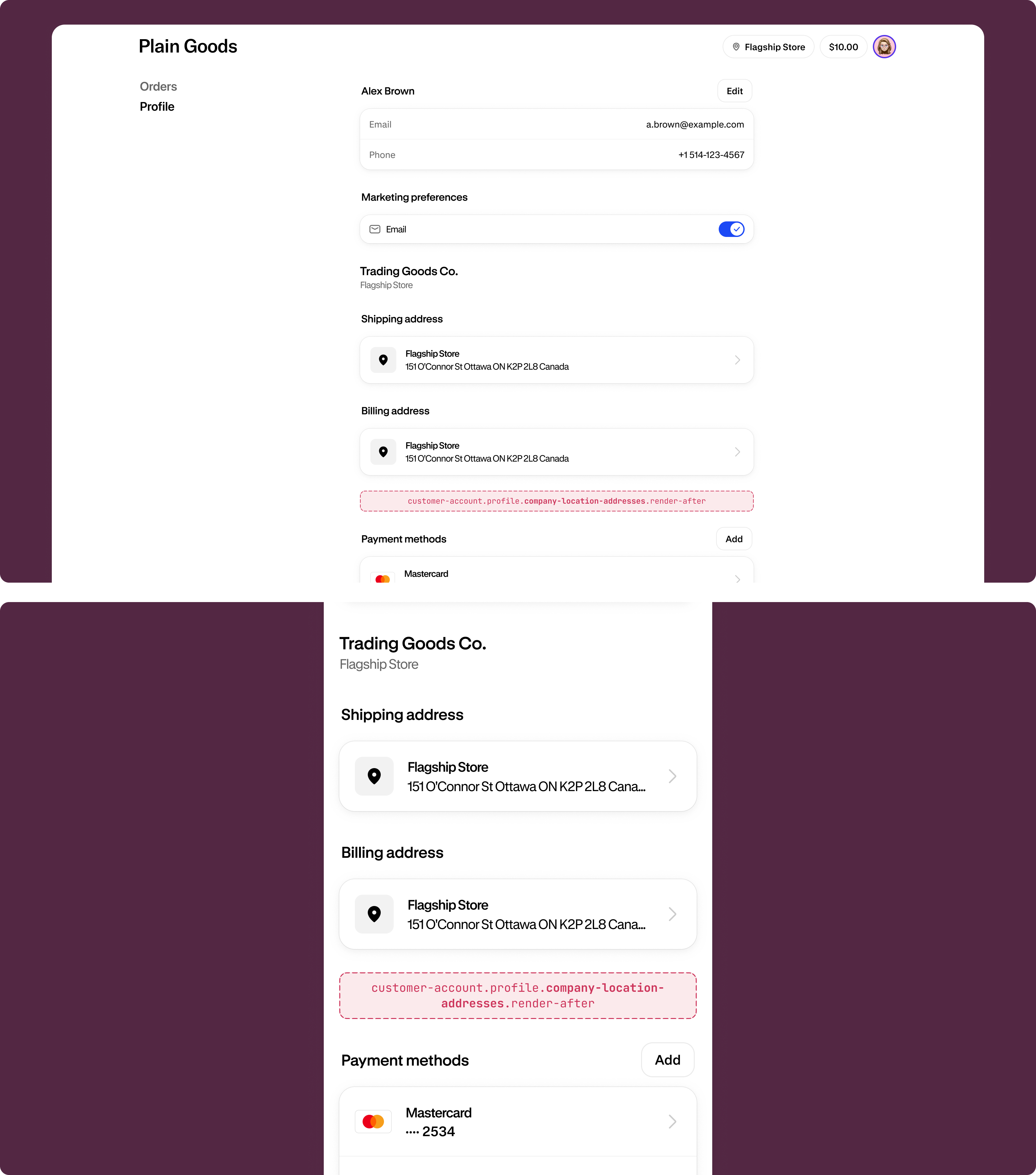 B2B profile page showing company location addresses with the extension target slot highlighted below the address list.