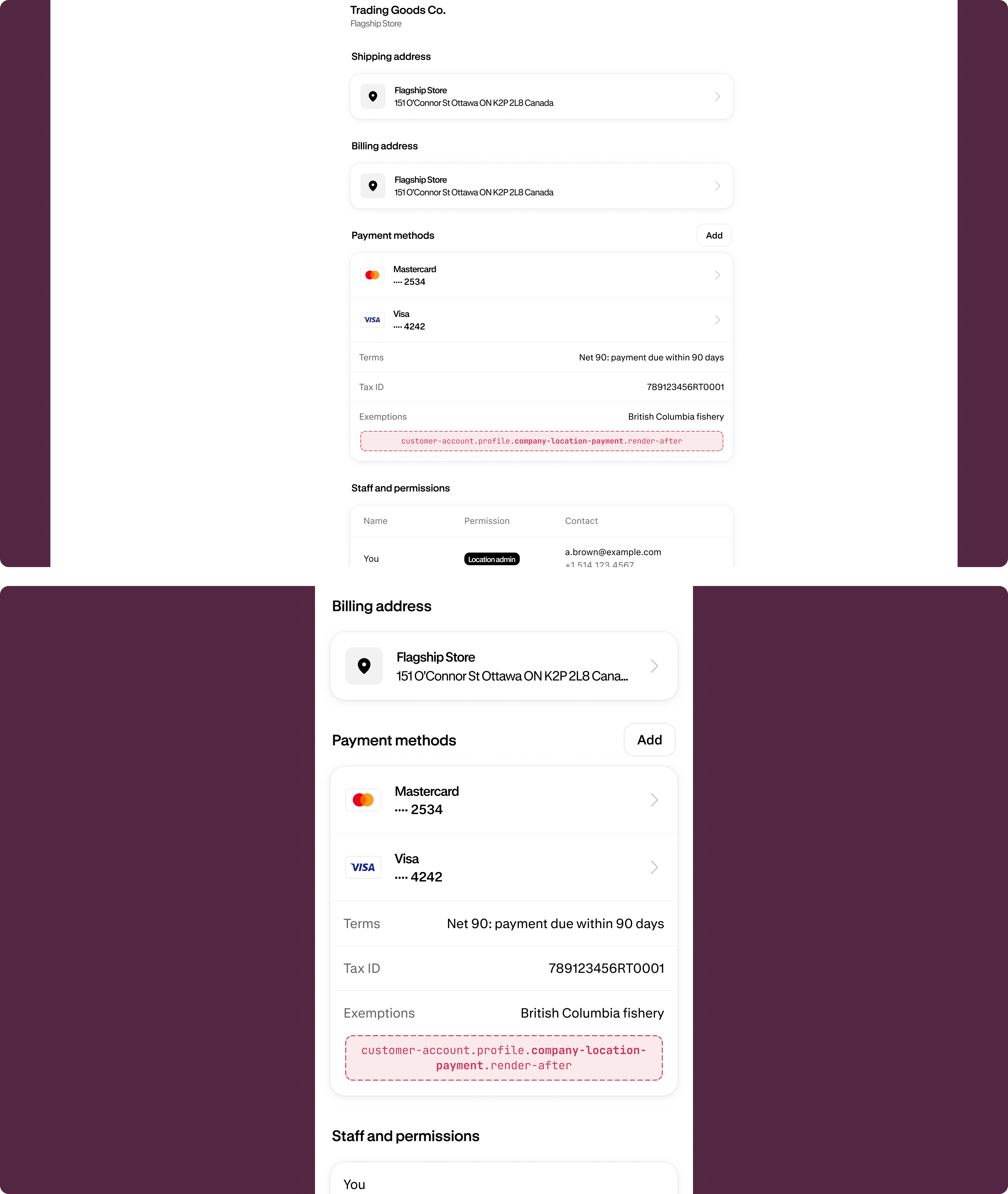 B2B profile page showing company location payment methods with the extension target slot highlighted below the payment options.