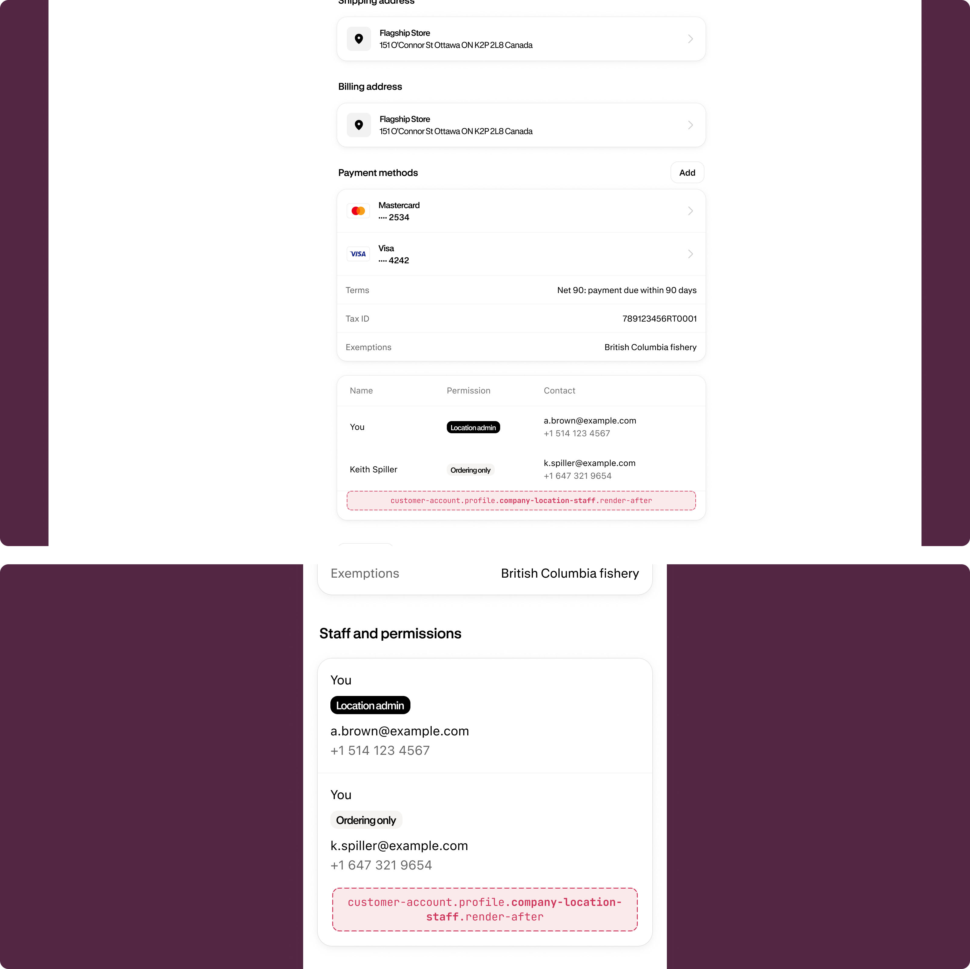 B2B profile page showing company location staff members with the extension target slot highlighted below the staff list.