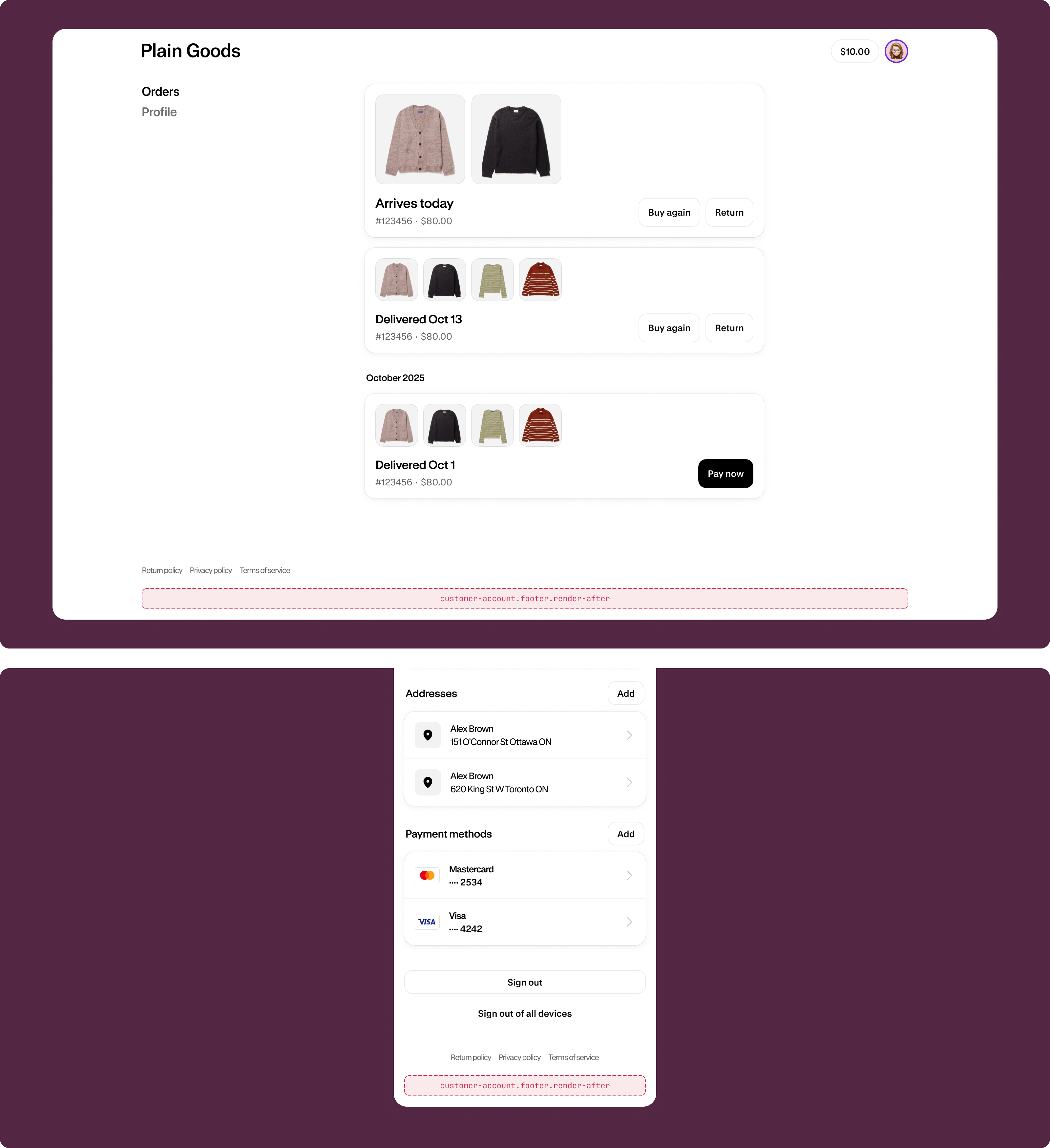 Customer account page footer section with the extension target slot highlighted below the footer content.