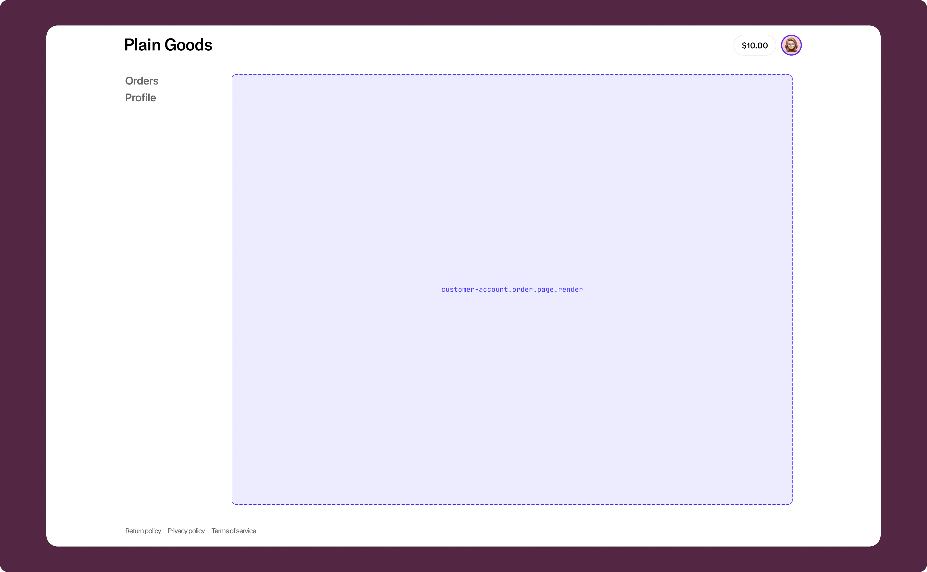 Customer account full page extension tied to a specific order, rendering in the main content area with order context.