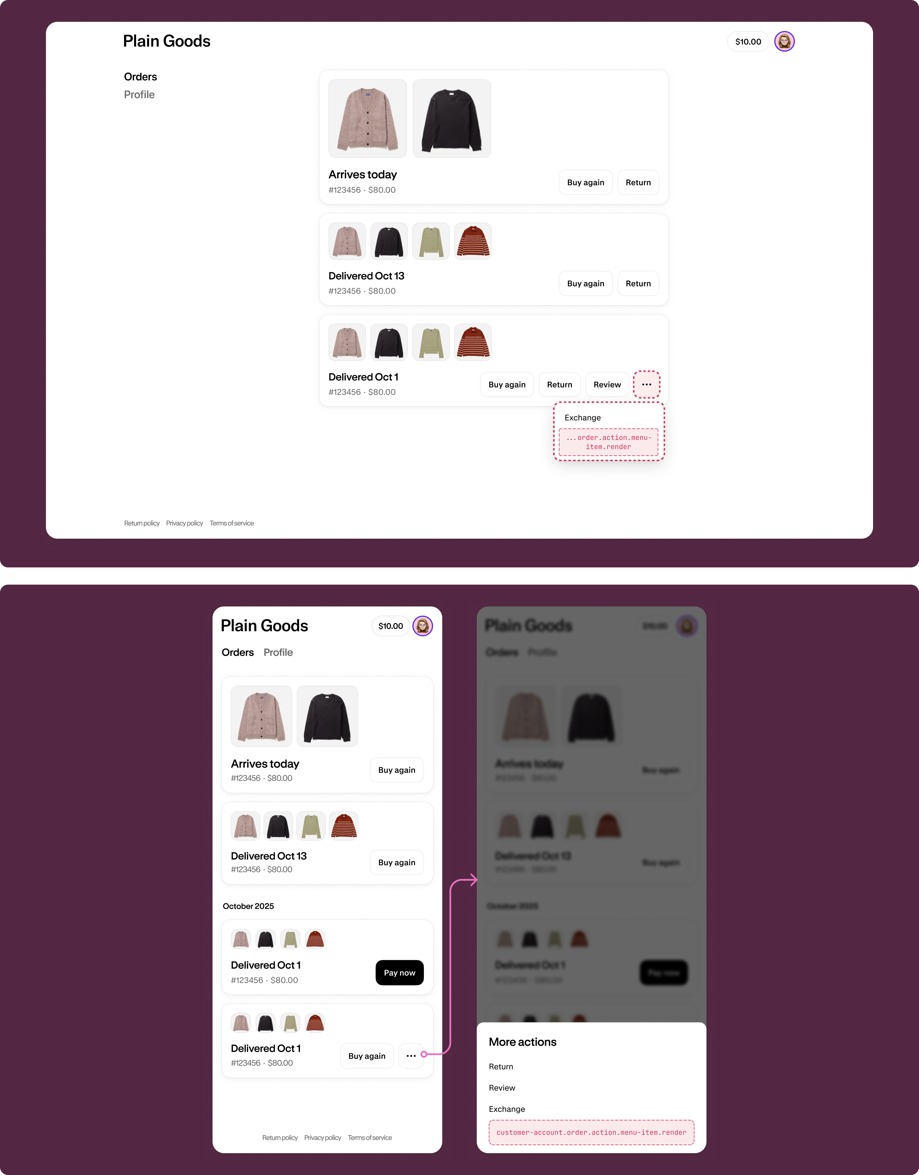 Order status page showing the action menu with an extension-provided menu item alongside native order actions.