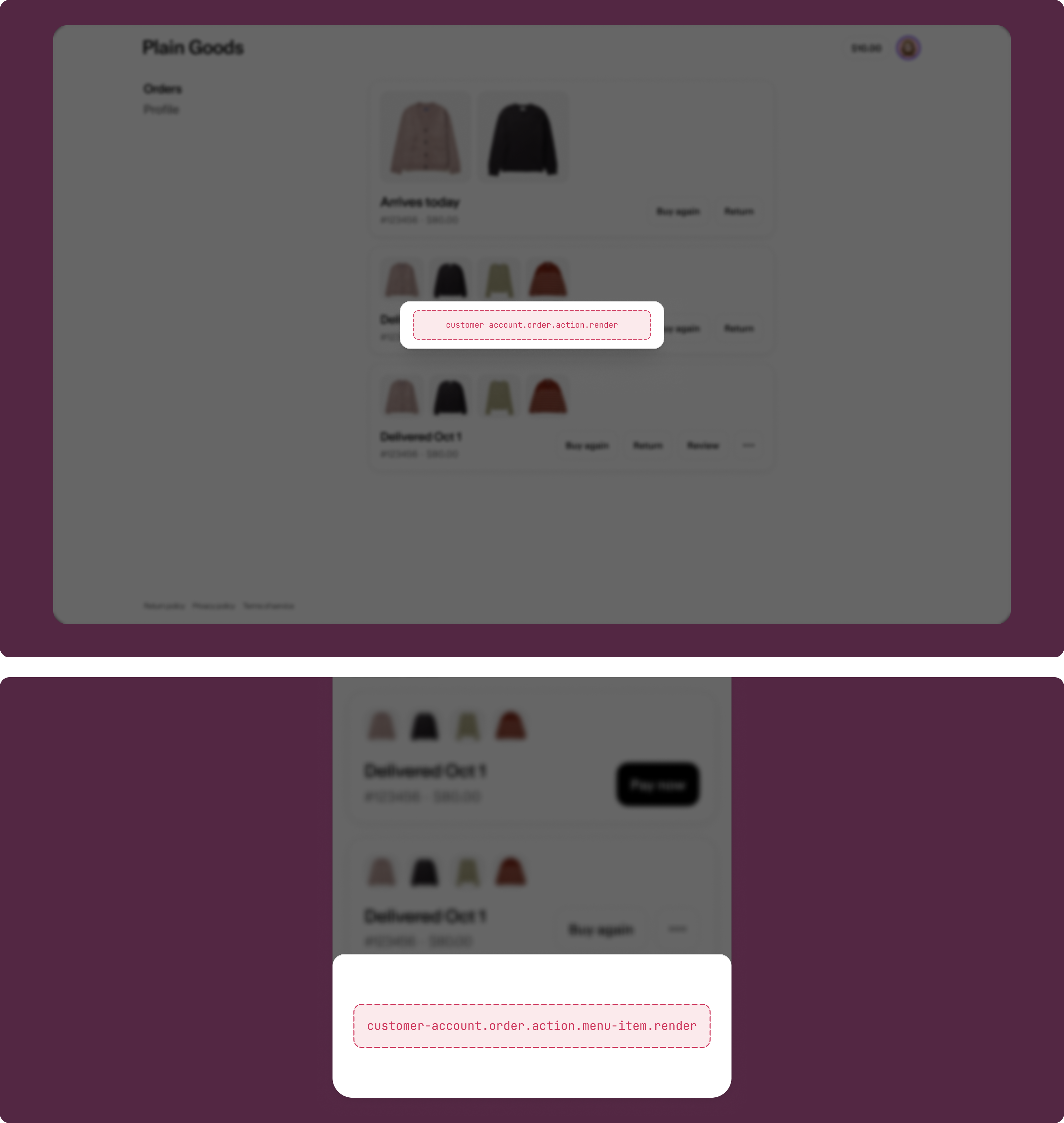 Modal overlay triggered by an order action button, displaying extension content above the order status page.