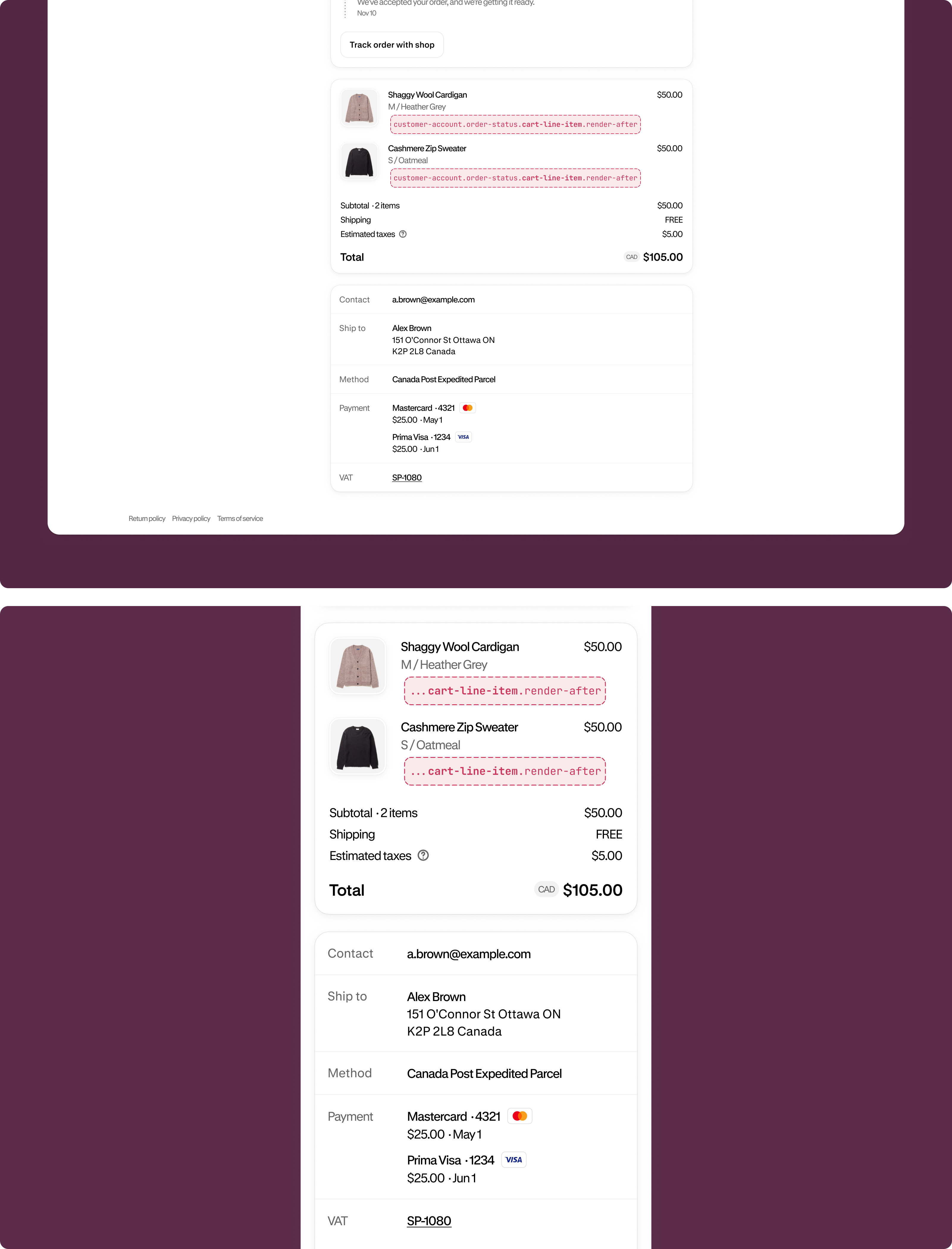 Order status page showing product line items with the extension target slot highlighted below an individual line item's properties.