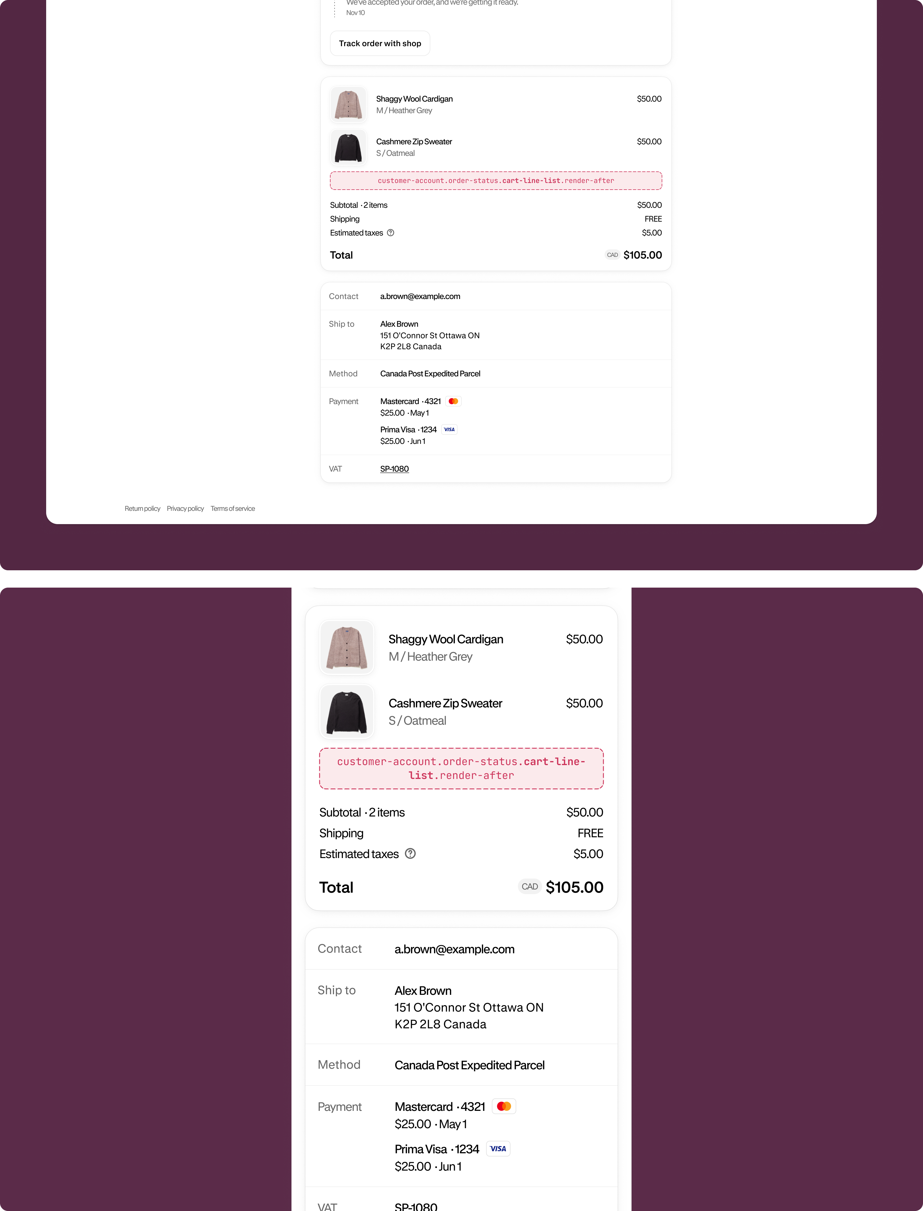 Order status page showing product line items with the extension target slot highlighted below the complete list of items.