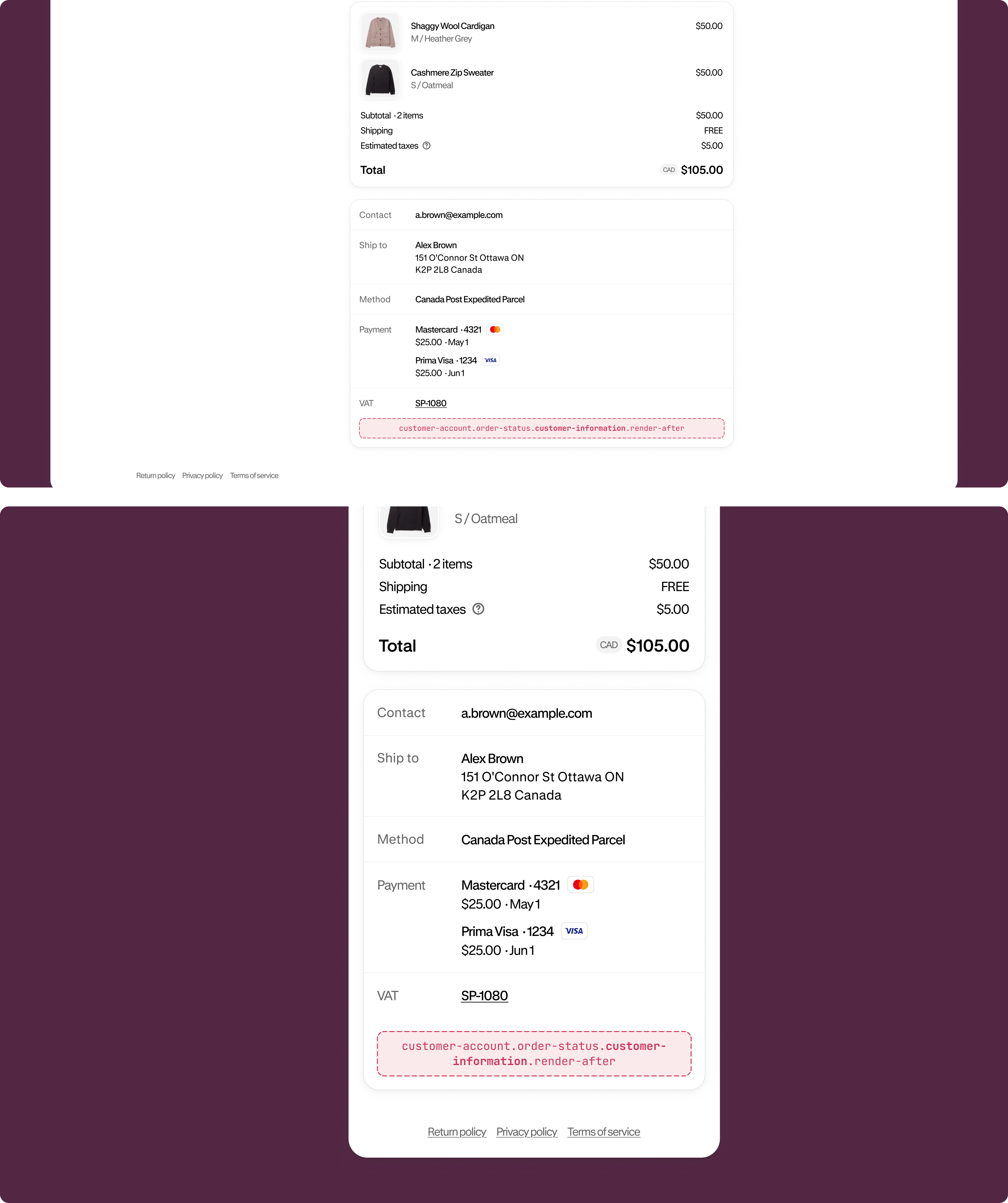 Order status page showing the customer information section with the extension target slot highlighted below contact and shipping details.
