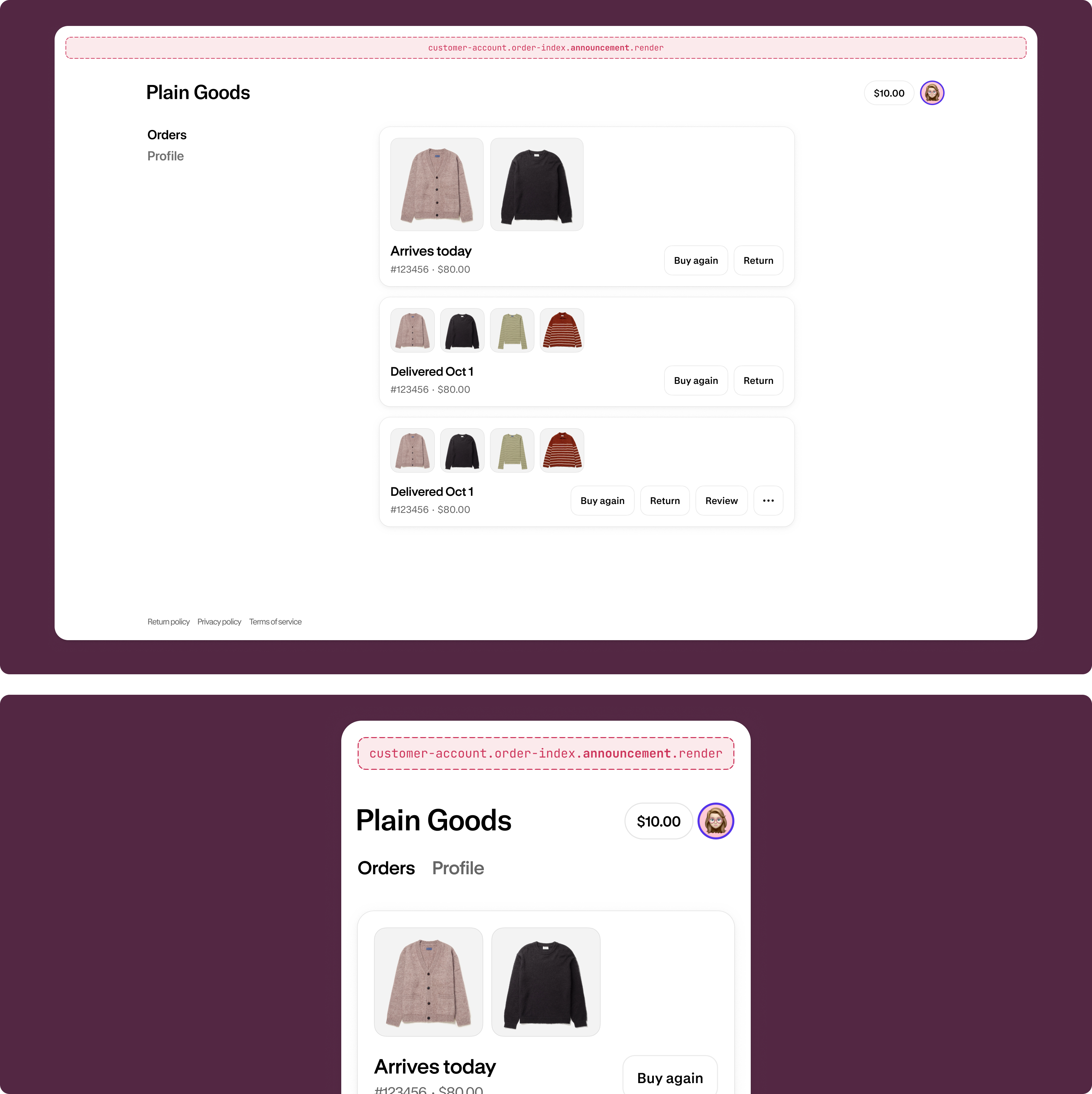 Order index page with a dismissable announcement banner rendered by an extension.