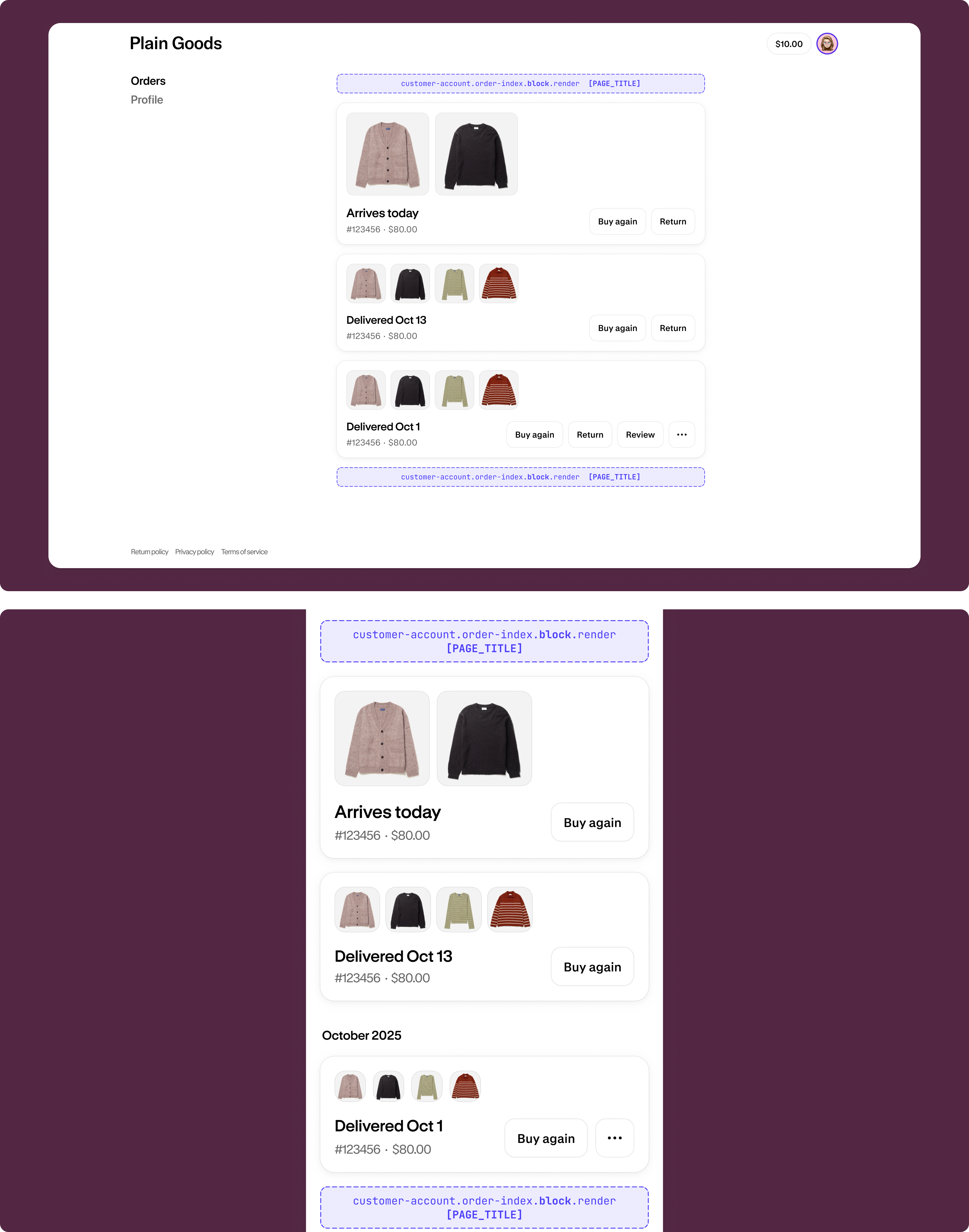 Order index page with an extension block rendered among the order list content.