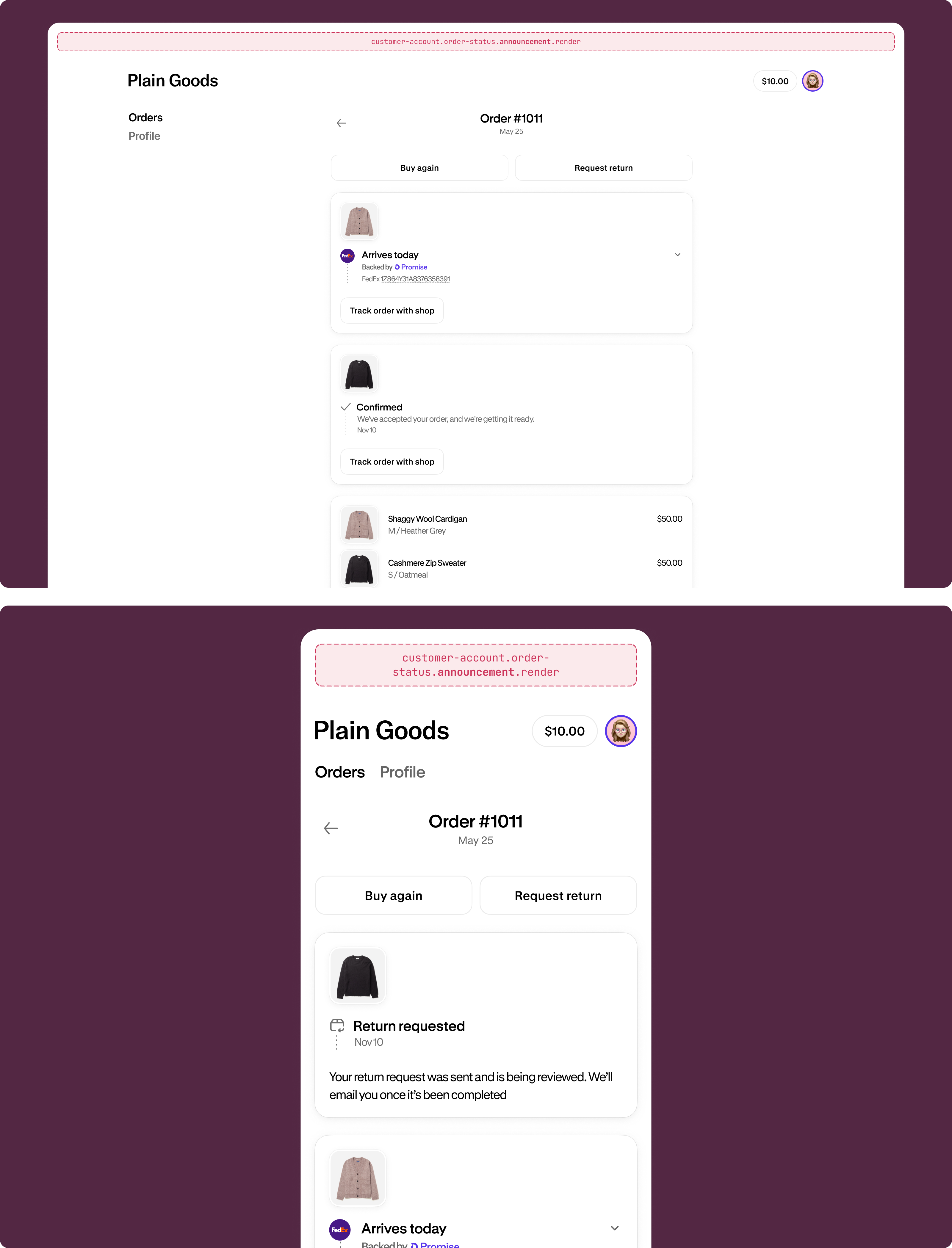 Order status page with a dismissable announcement banner rendered by an extension above the order details.
