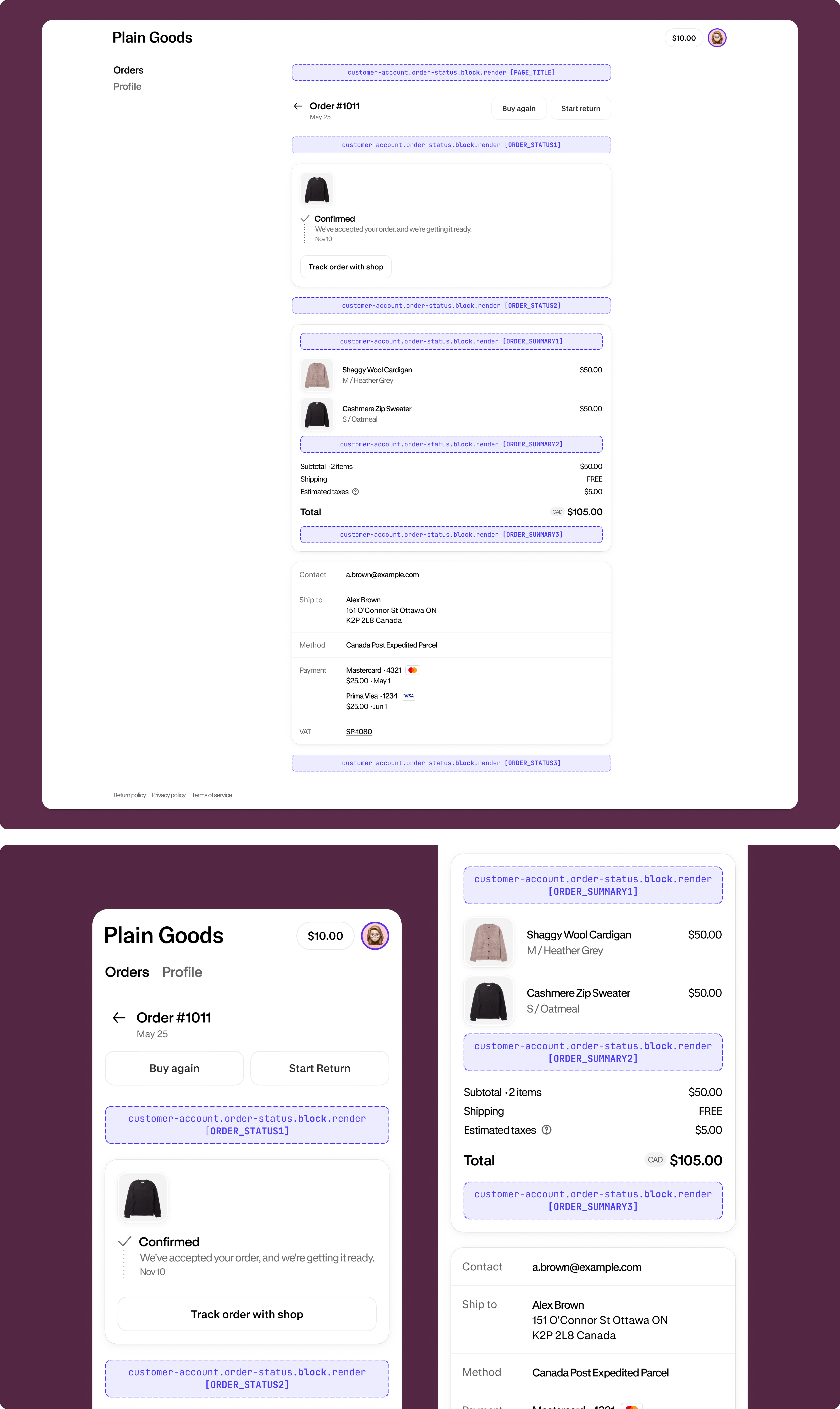 Order status page with an extension block rendered among the order detail sections.