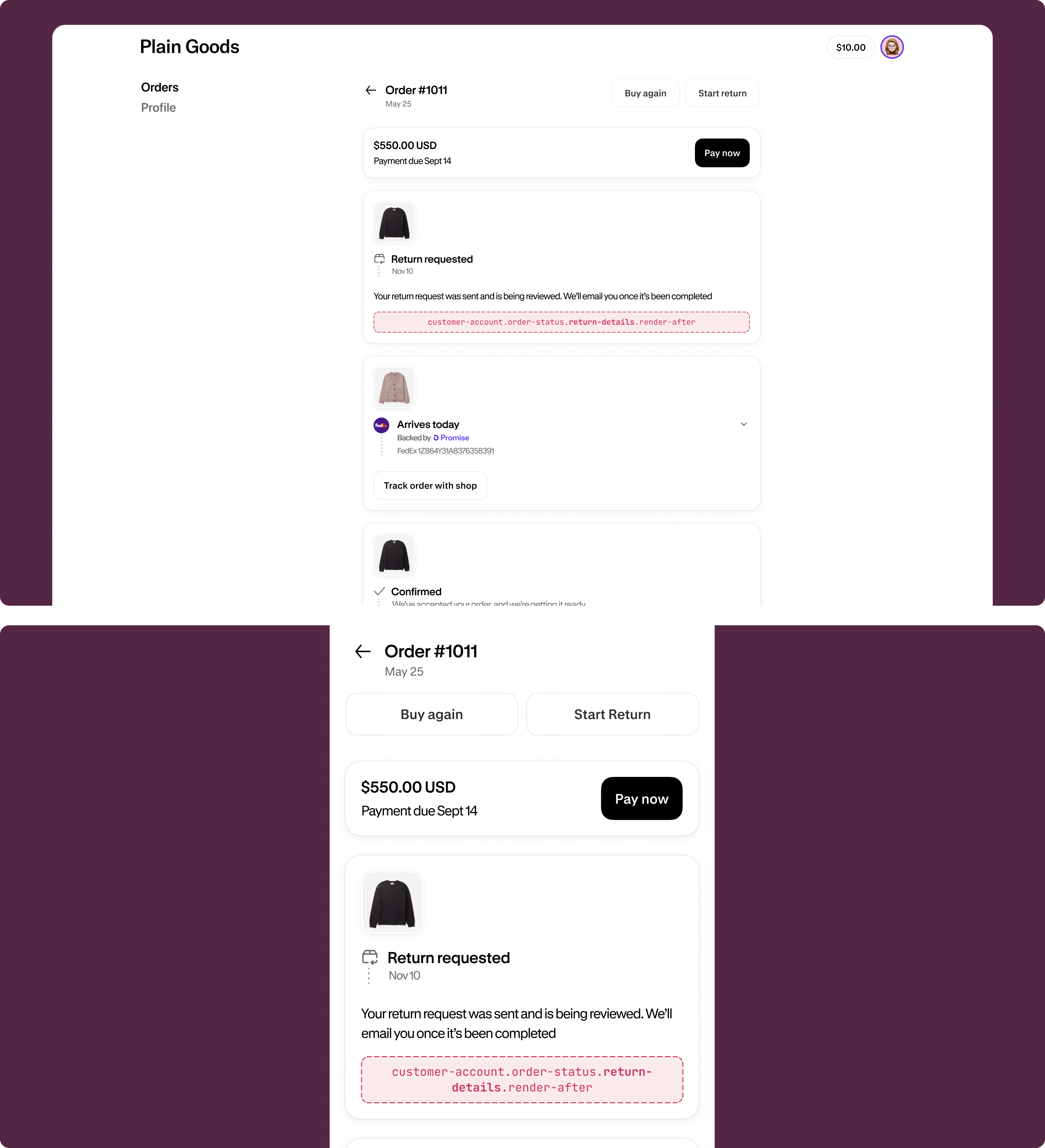 Order status page showing return information with the extension target slot highlighted below the return status and refund details.