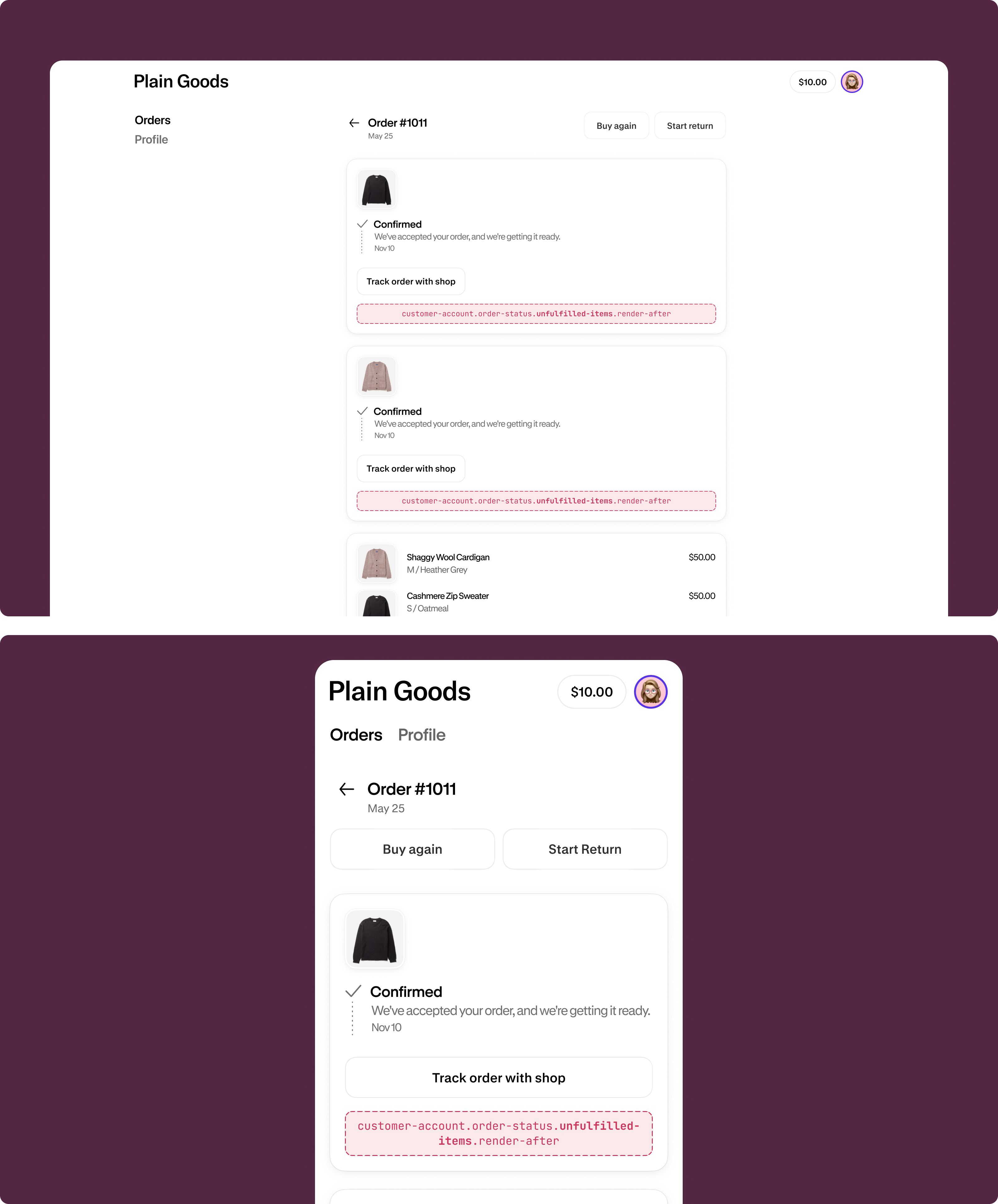 Order status page showing unfulfilled items section with the extension target slot highlighted below the pending items list.