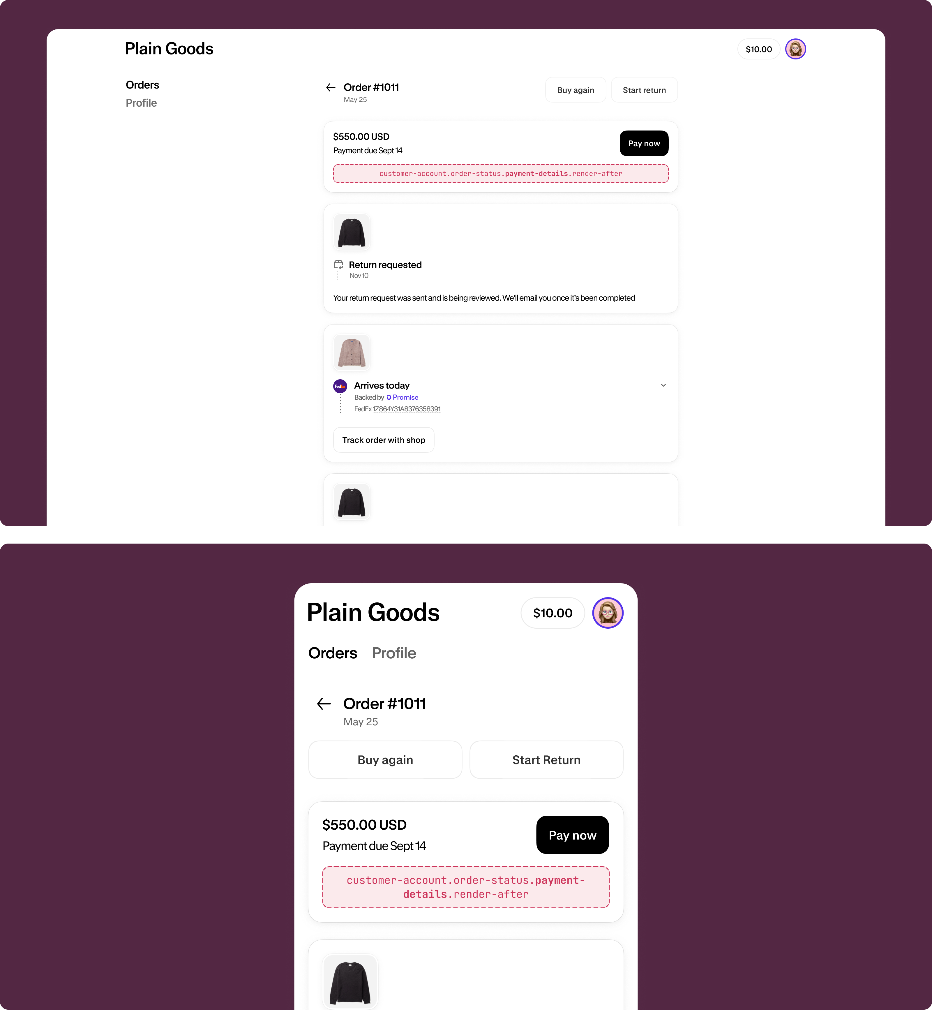 Order status page showing payment information with the extension target slot highlighted below the payment method and transaction details.