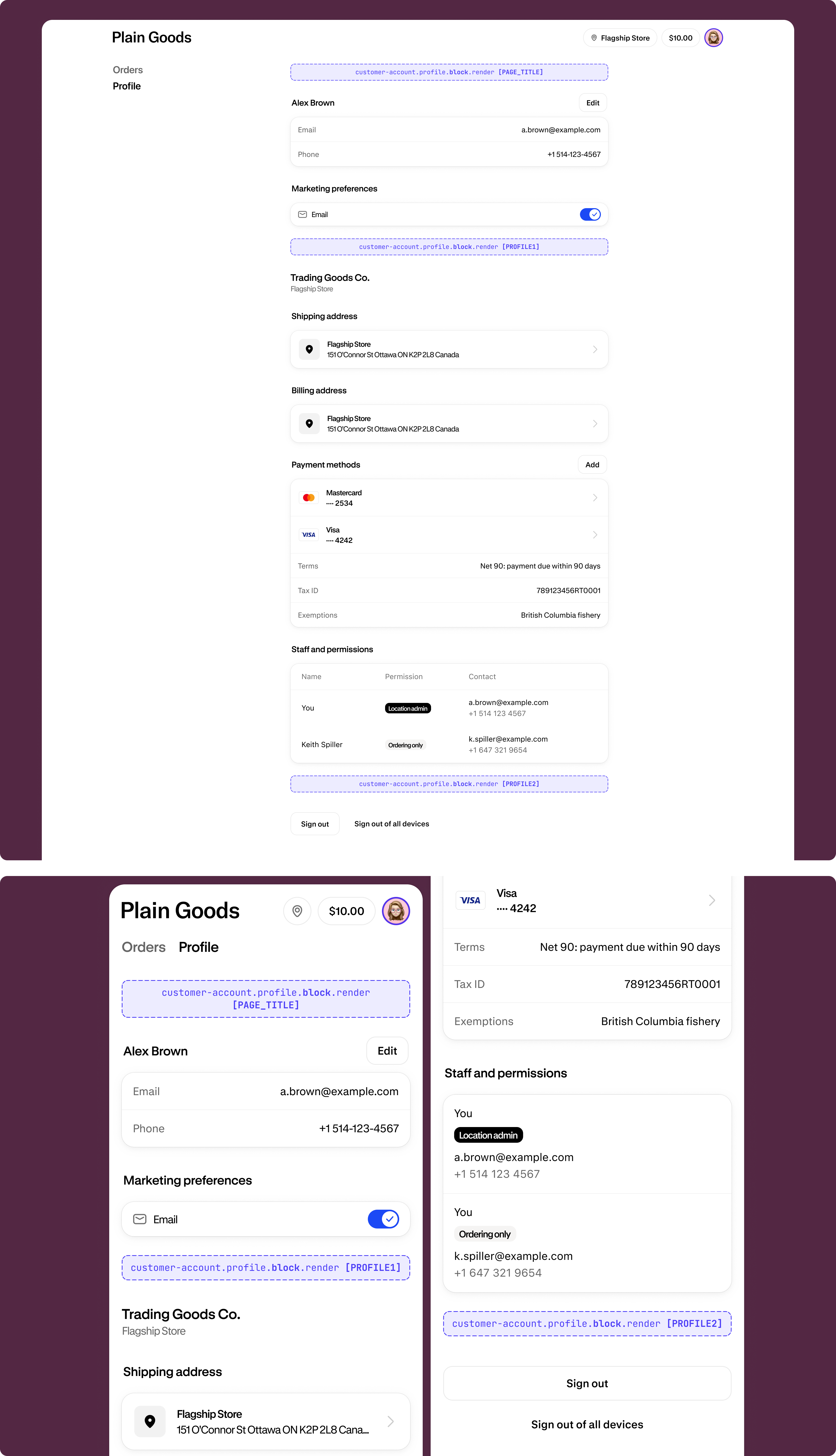 Profile page with an extension block rendered among the profile content sections.