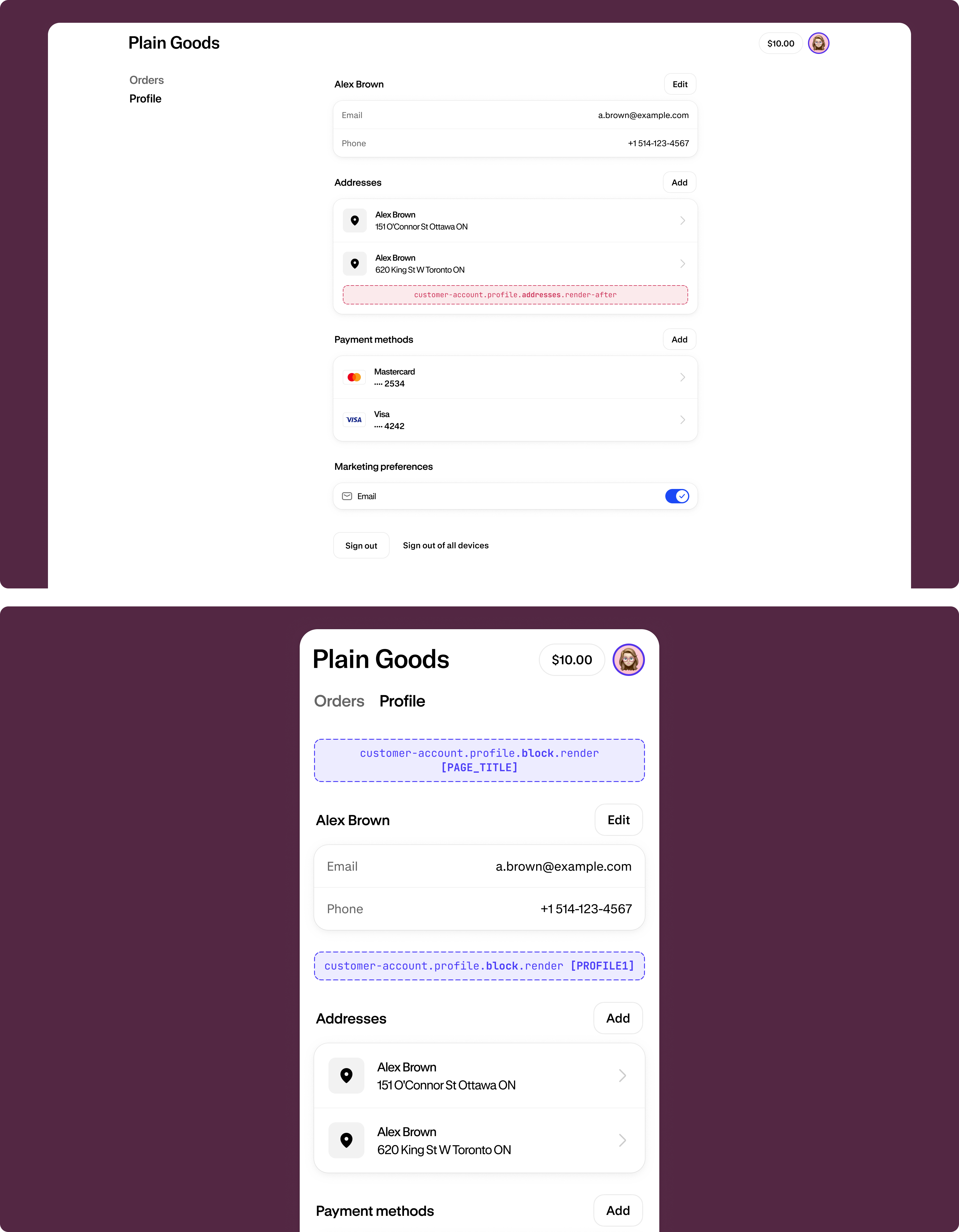 Profile page showing the addresses section with the extension target slot highlighted below the saved address list.