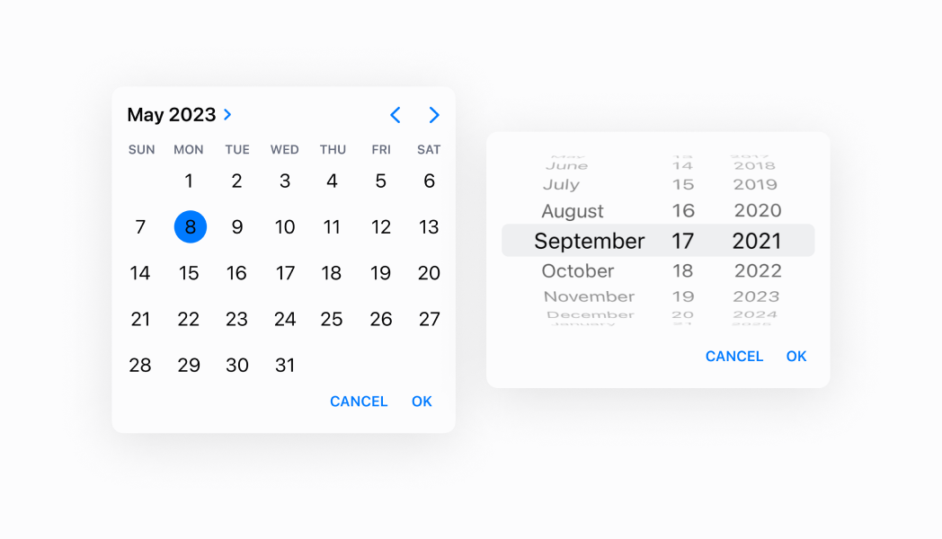 Enable date selection using an intuitive calendar interface. This example demonstrates a DatePicker that displays dates in a monthly calendar view, making it easier for merchants to select dates in context and visualize date relationships, ideal for scheduling or date range selection.