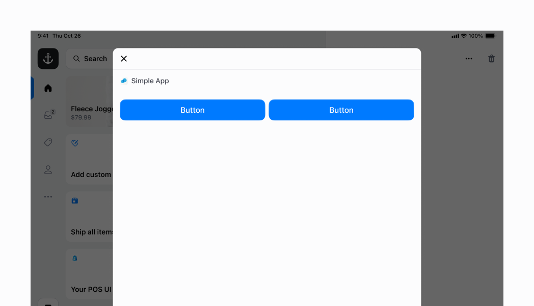 Make child components expand to fill available space in an inline stack using `flexChildren={true}`. This stretches the two buttons to occupy maximum space within the inline container, distributing space evenly across children for full-width layouts.