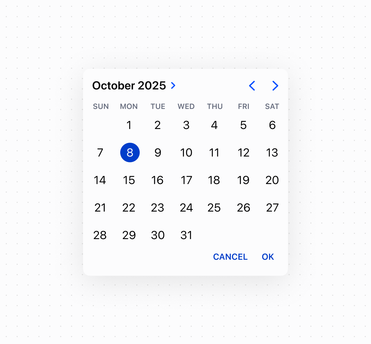 Enable visual date selection using a datePicker component with a calendar interface. This example shows a basic date picker with month view and date selection.