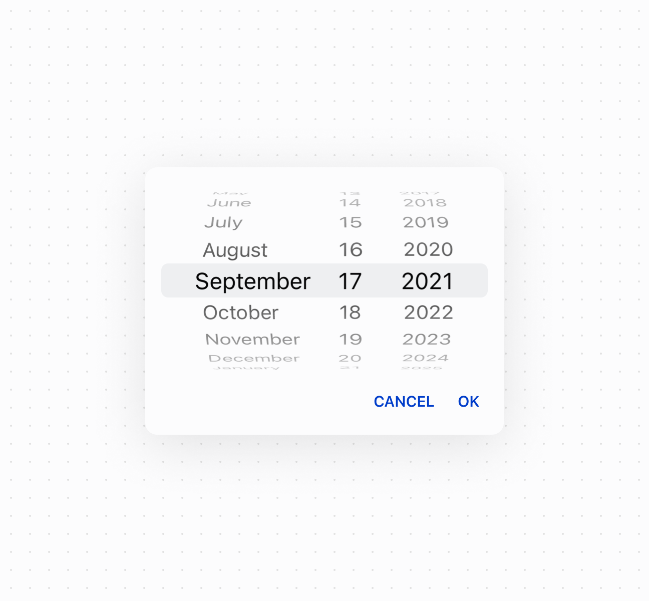 Enable compact date selection using a dateSpinner component with scrollable columns for month, day, and year. This example shows a basic date spinner for space-constrained layouts.