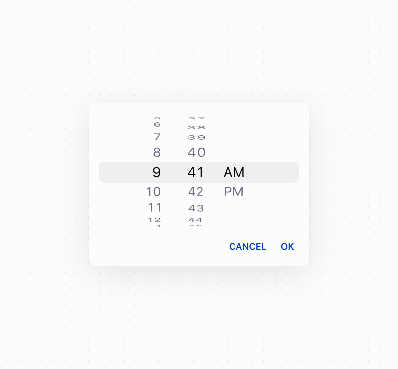 Select times using a timePicker component. This example shows a basic time picker for selecting hours and minutes.