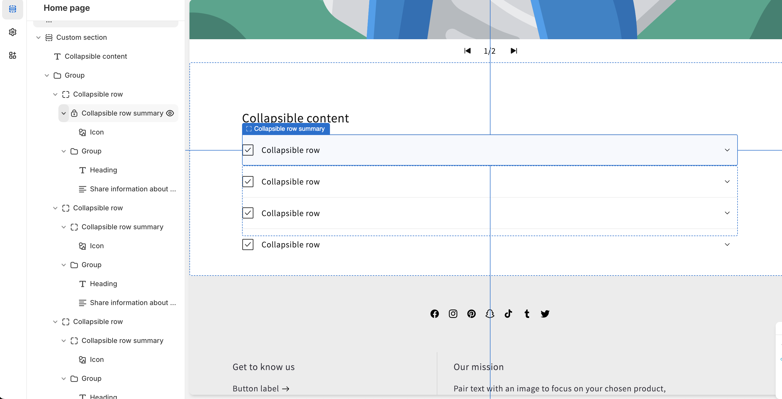 In this example, Collapsible row is rendered dynamically. The icon and summary are rendered statically.