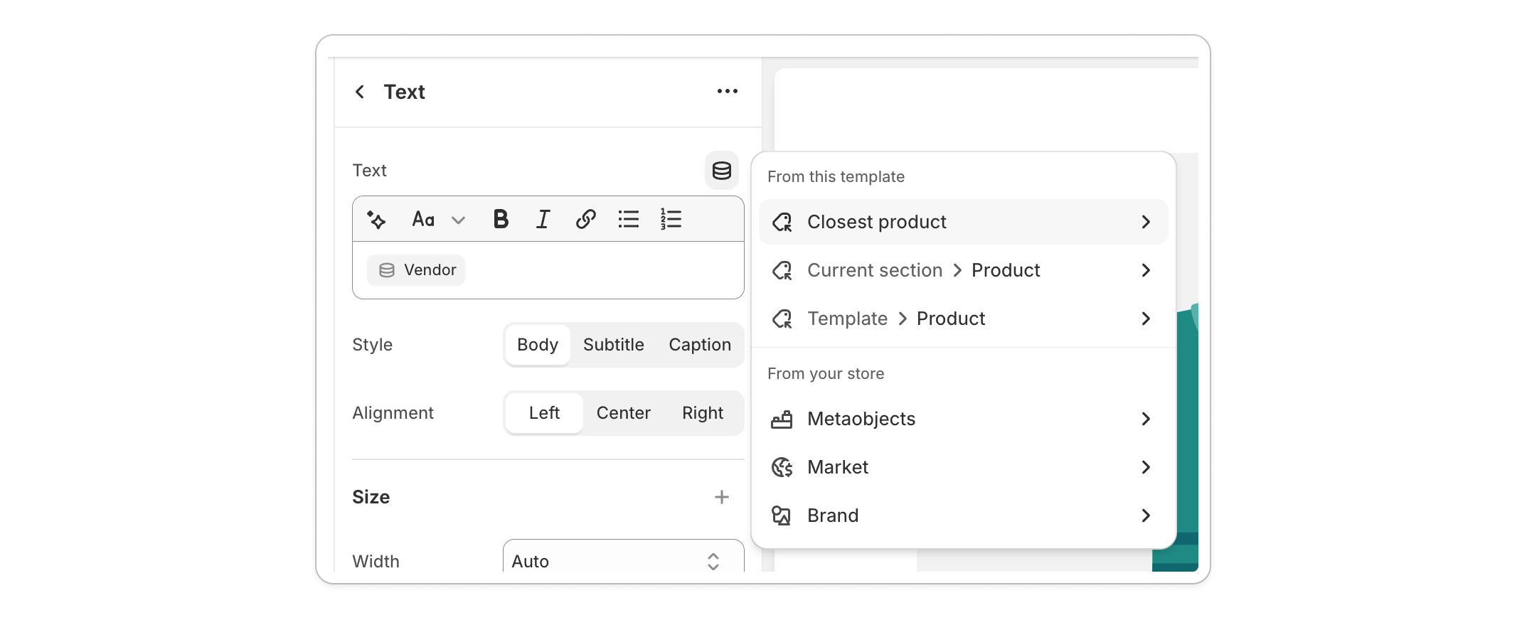 The merchant can pick from different resource contexts: the closest product, the product set at the section or the product set at the template.