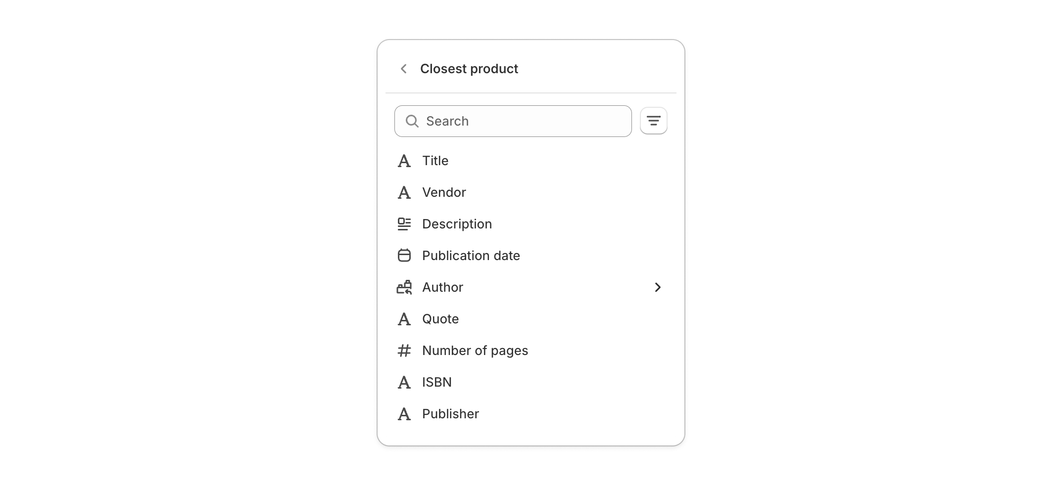 Once a resource context is selected, the merchant may select a data field. Al the data fields are compatible with a text setting