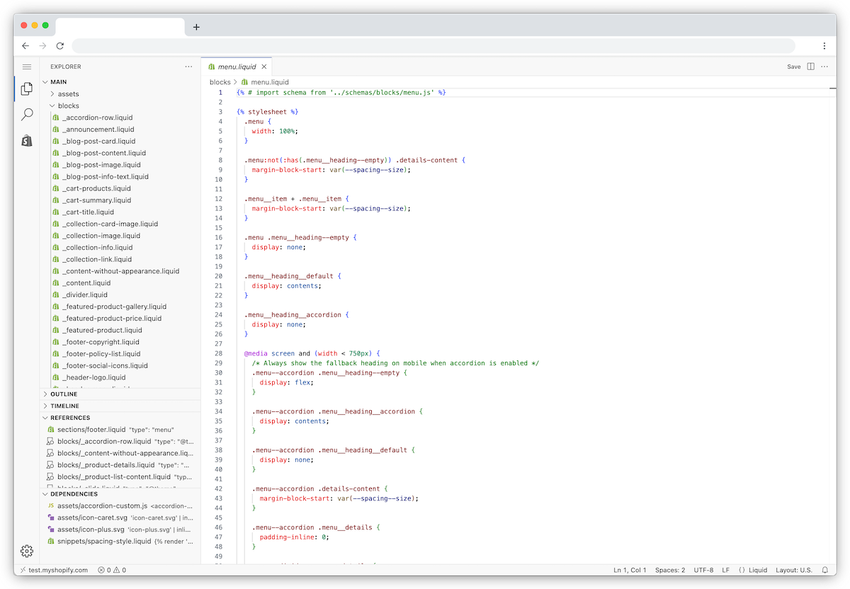 A browser window showing the theme code editor in the Shopify admin