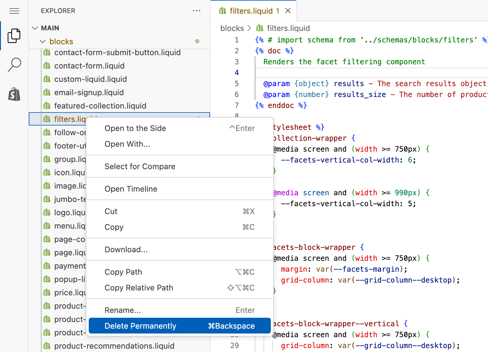 A partial code editor showing the option to delete a file