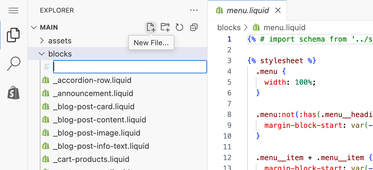 A partial code editor showing new file creation UI