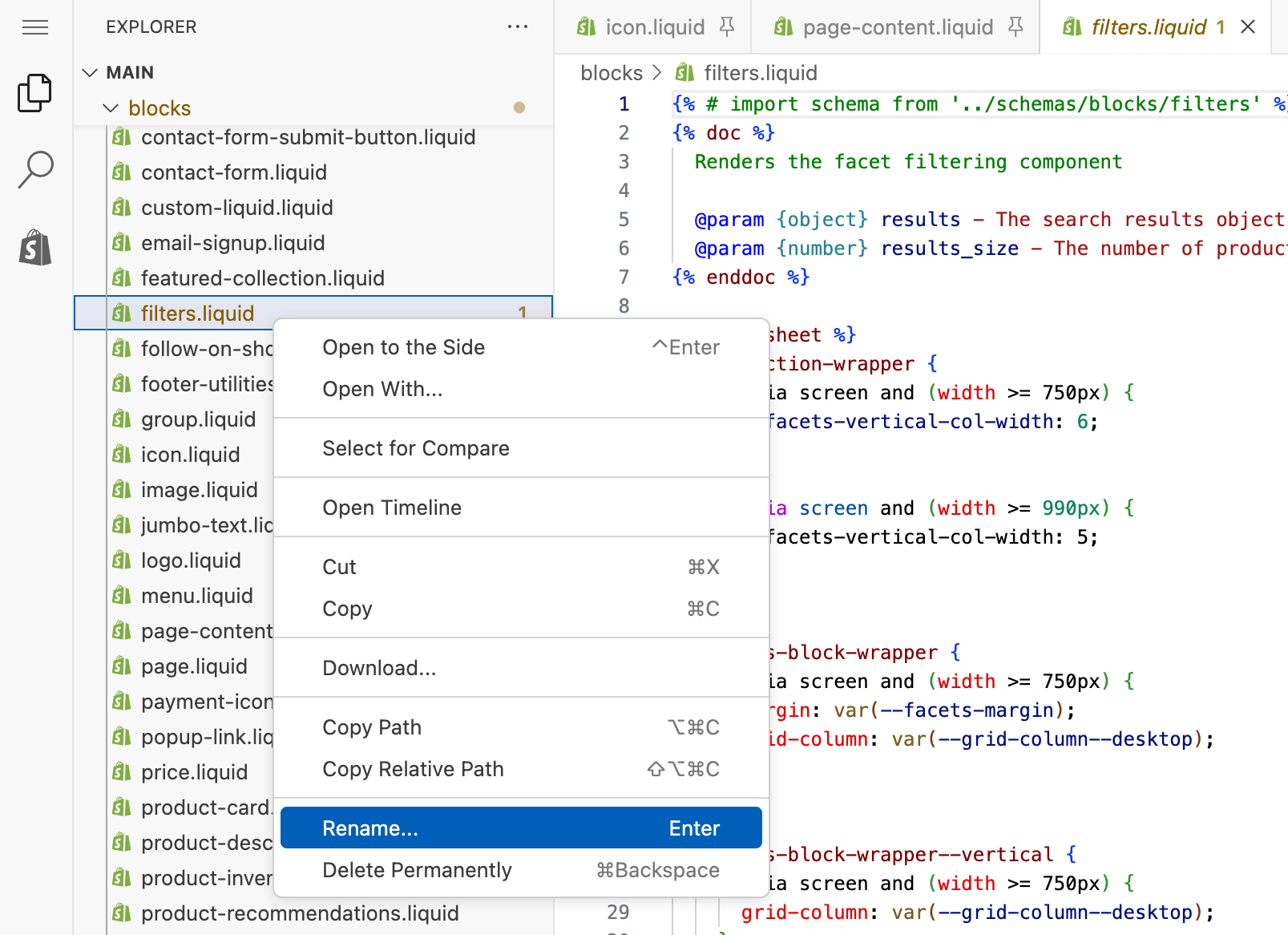 The option to rename a file in the code editor