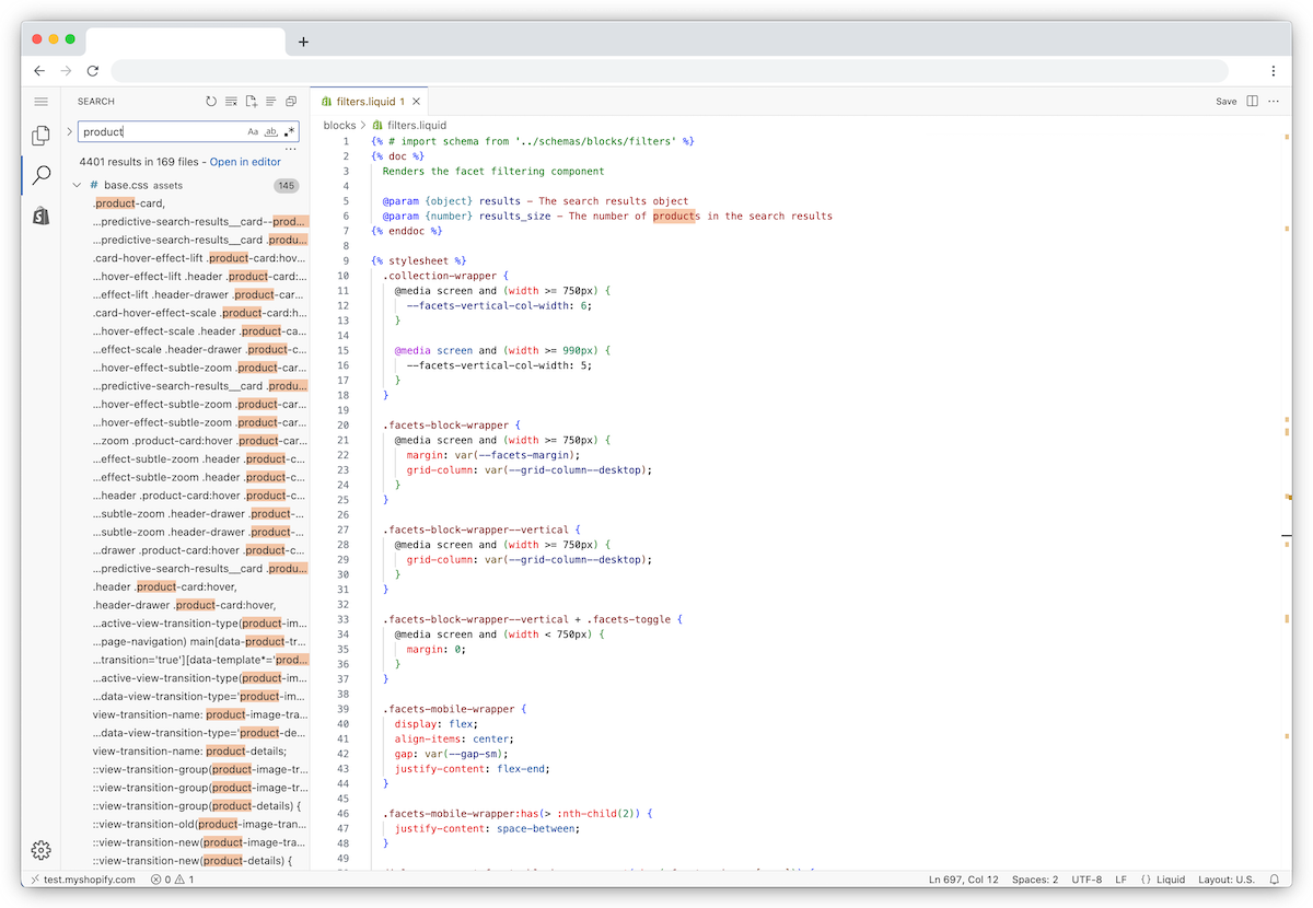 The search side panel in the code editor