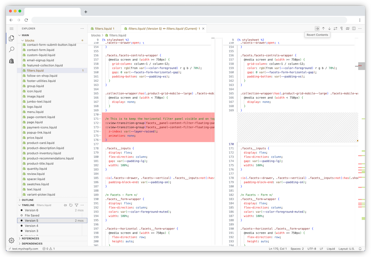 A code editor window displaying previous file versions and the code differences between the current and the past version